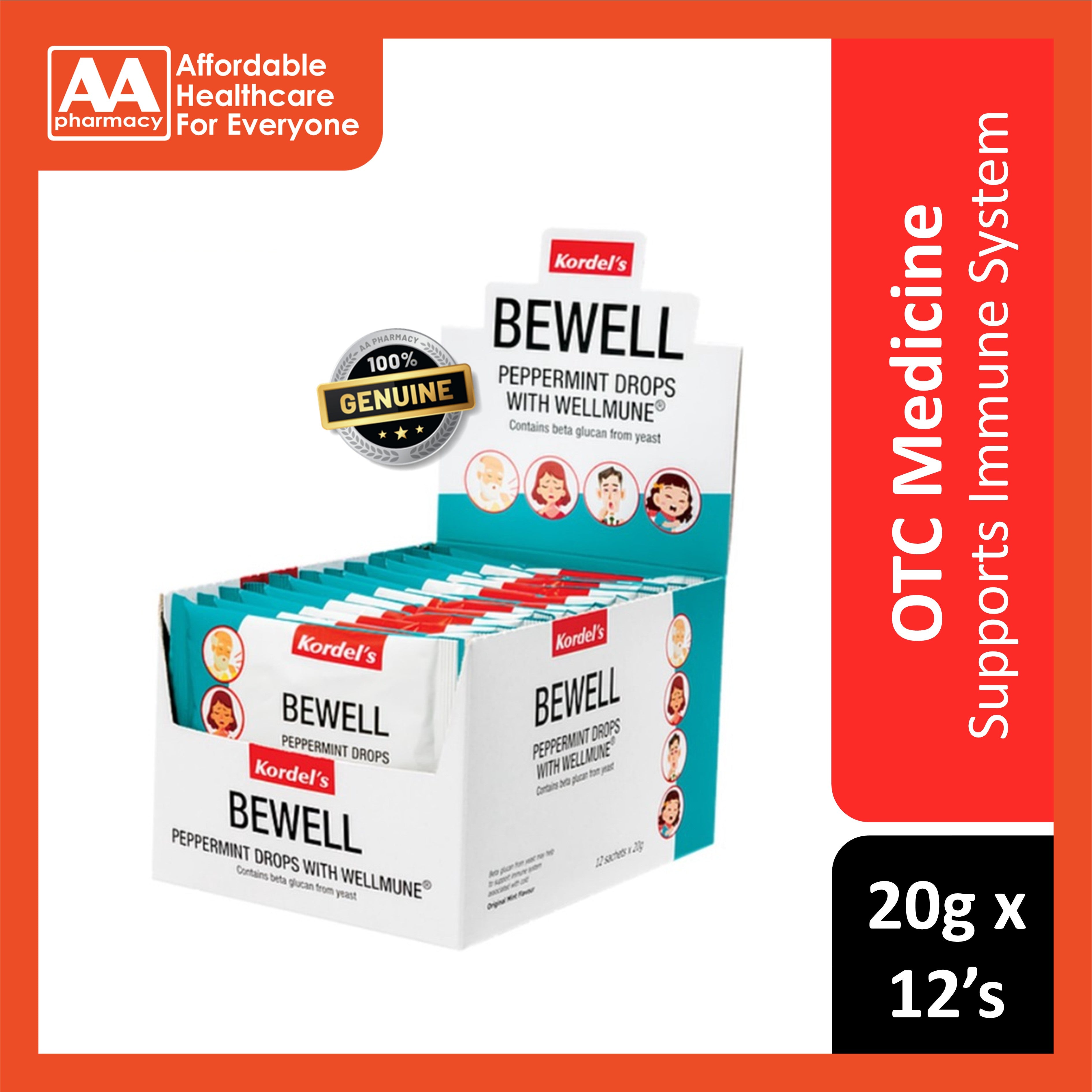 Kordel's Bewell Peppermint Drops With Wellmune 20gx12's (8 Drops/Pack)