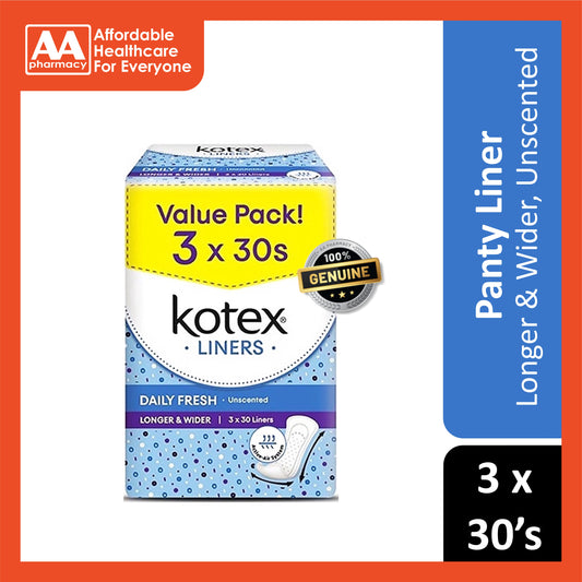 Kotex Liners (Daily Fresh, Longer and Wider, Unscented) 3x30's