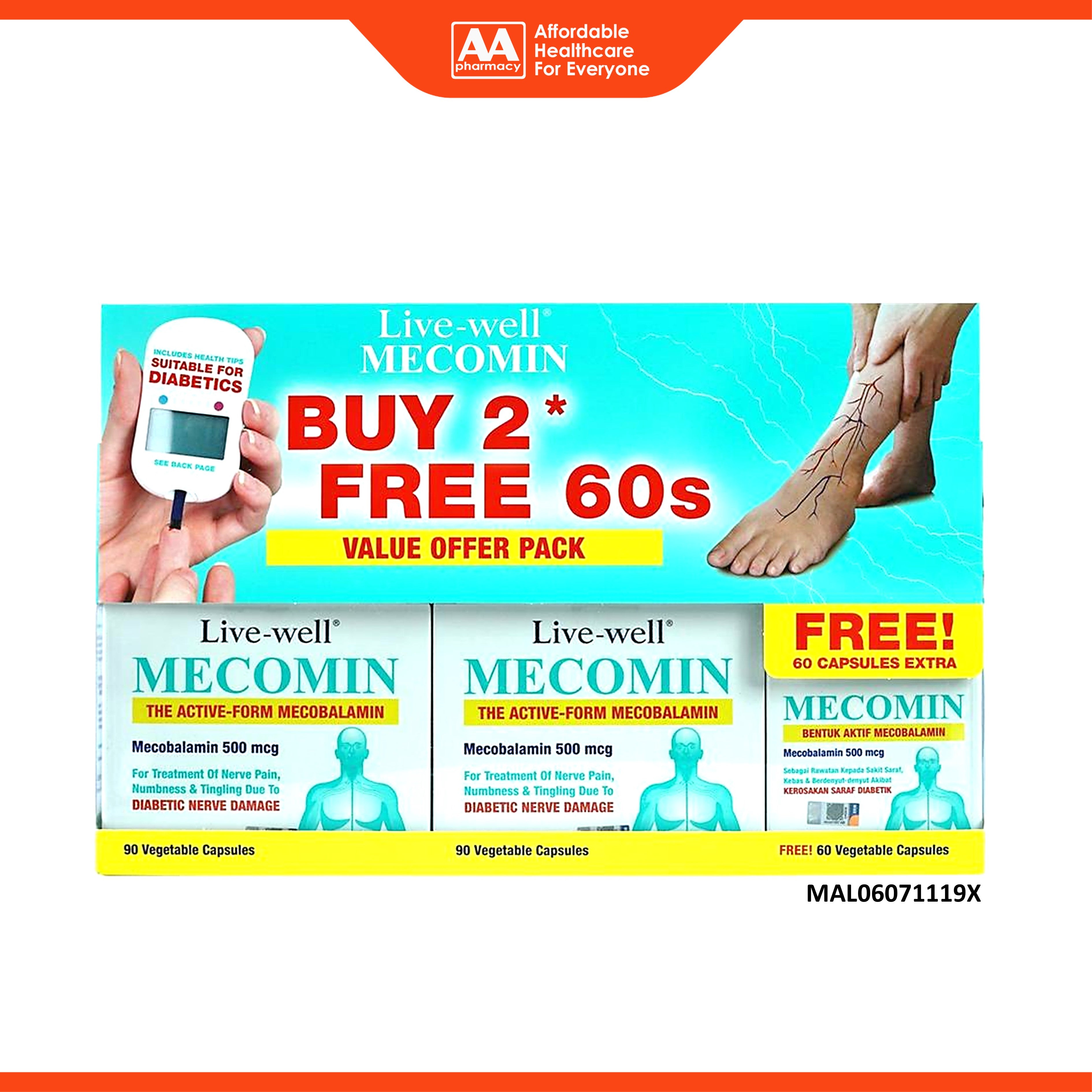 Live-Well Mecomin (Mecobalamin 500mcg) Capsule 2x90's+60's [Value Pack]