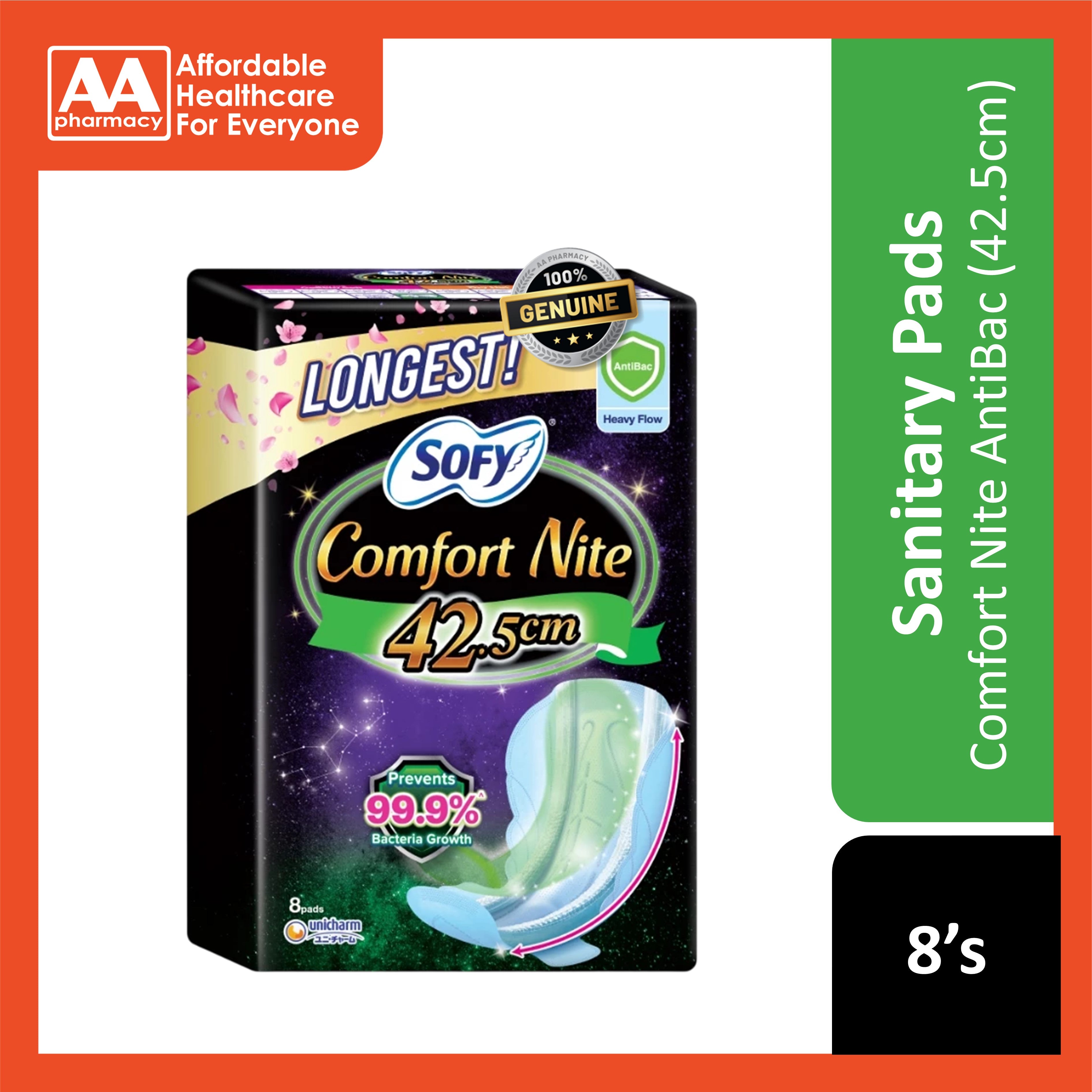 Sofy Sanitary Pads (Comfort Nite Anti Bac, Heavy Flow, Wing, 42.5cm) 8's