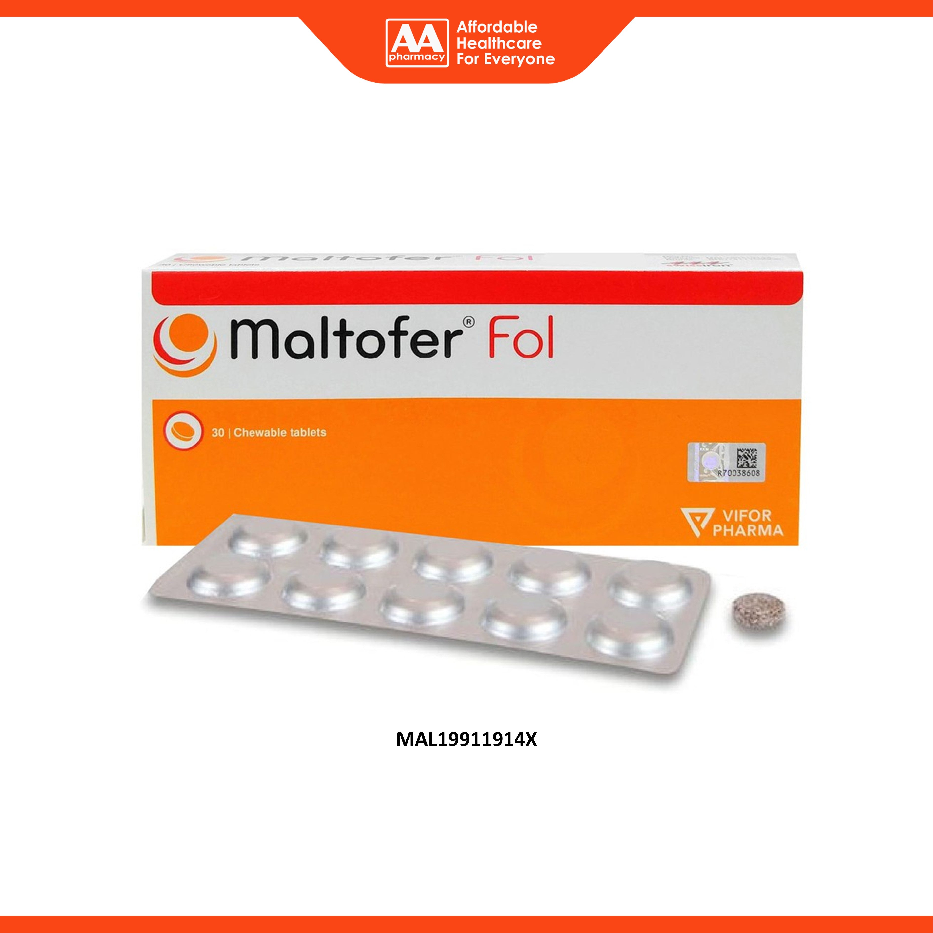 Maltofer Fol (Iron/Folic Acid 100mg/0.35mg) Chewable Tablet (3 x 10's)