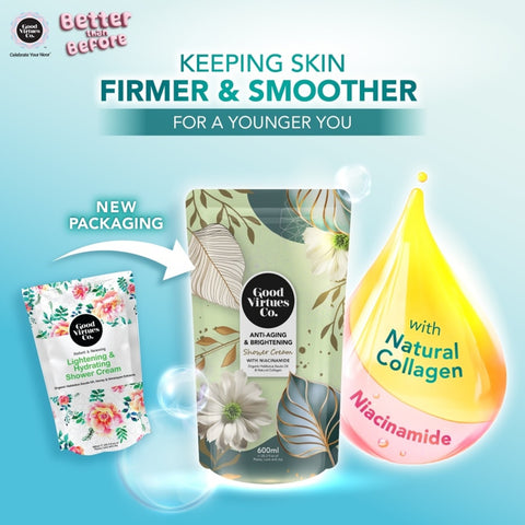 Good Virtues Co. Anti-Aging and Brightening Shower Cream (With Niacinamide) 600mL (Refill Pack)