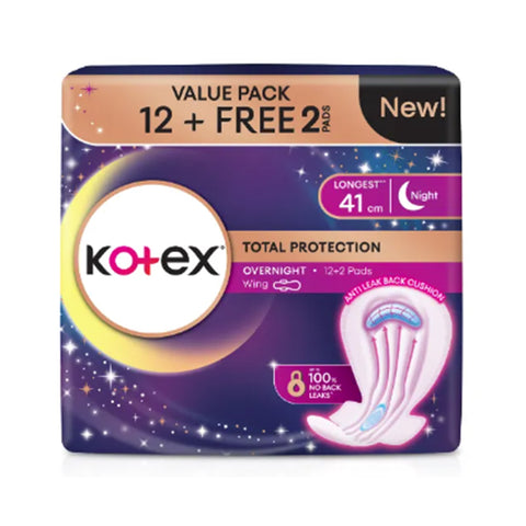 Kotex Pads (Total Protection Overnight, Wing, Longest 41cm) 12's+2's [Night Use]