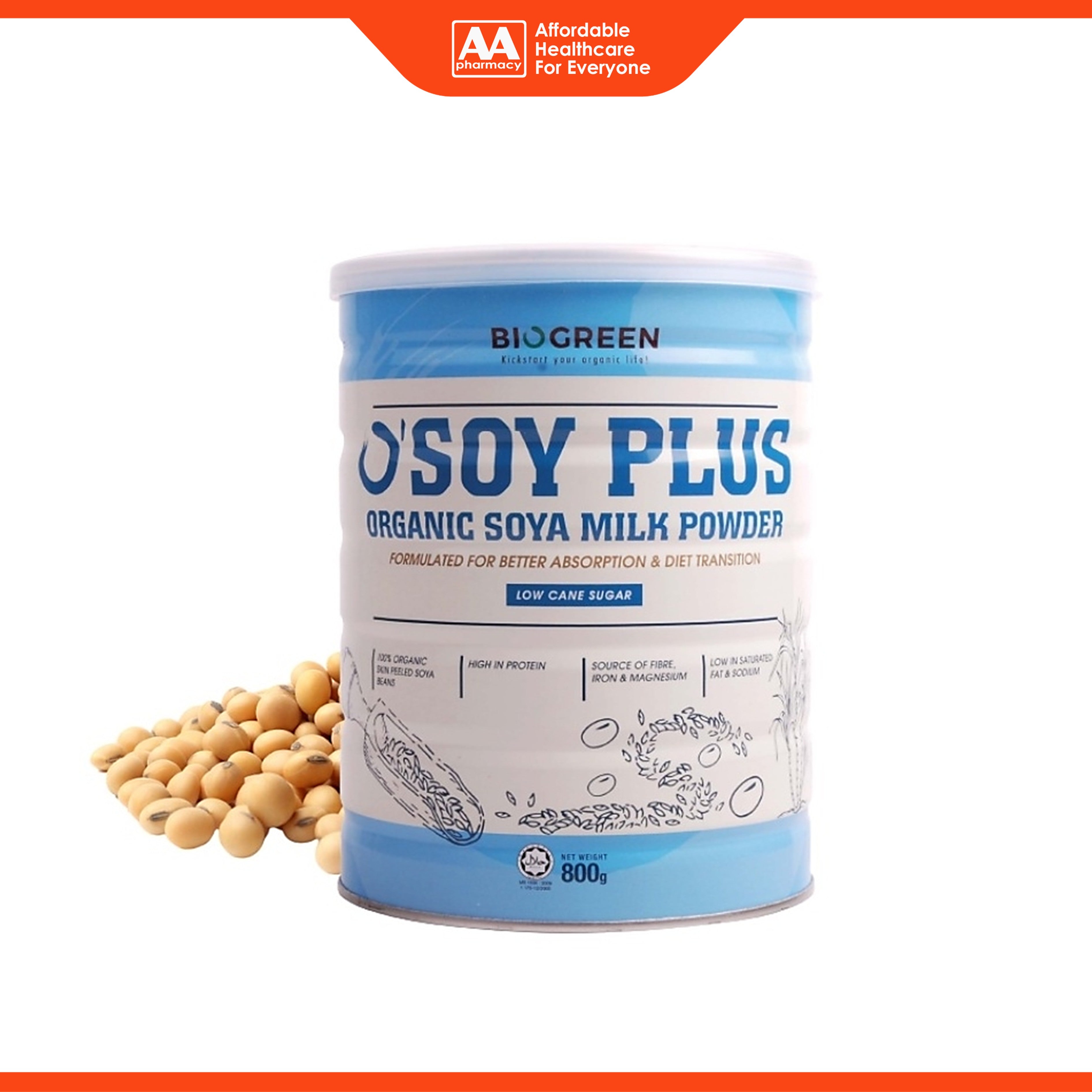 Biogreen O'Soy Plus Organic Soya Milk Powder (Low Cane Sugar) 800g