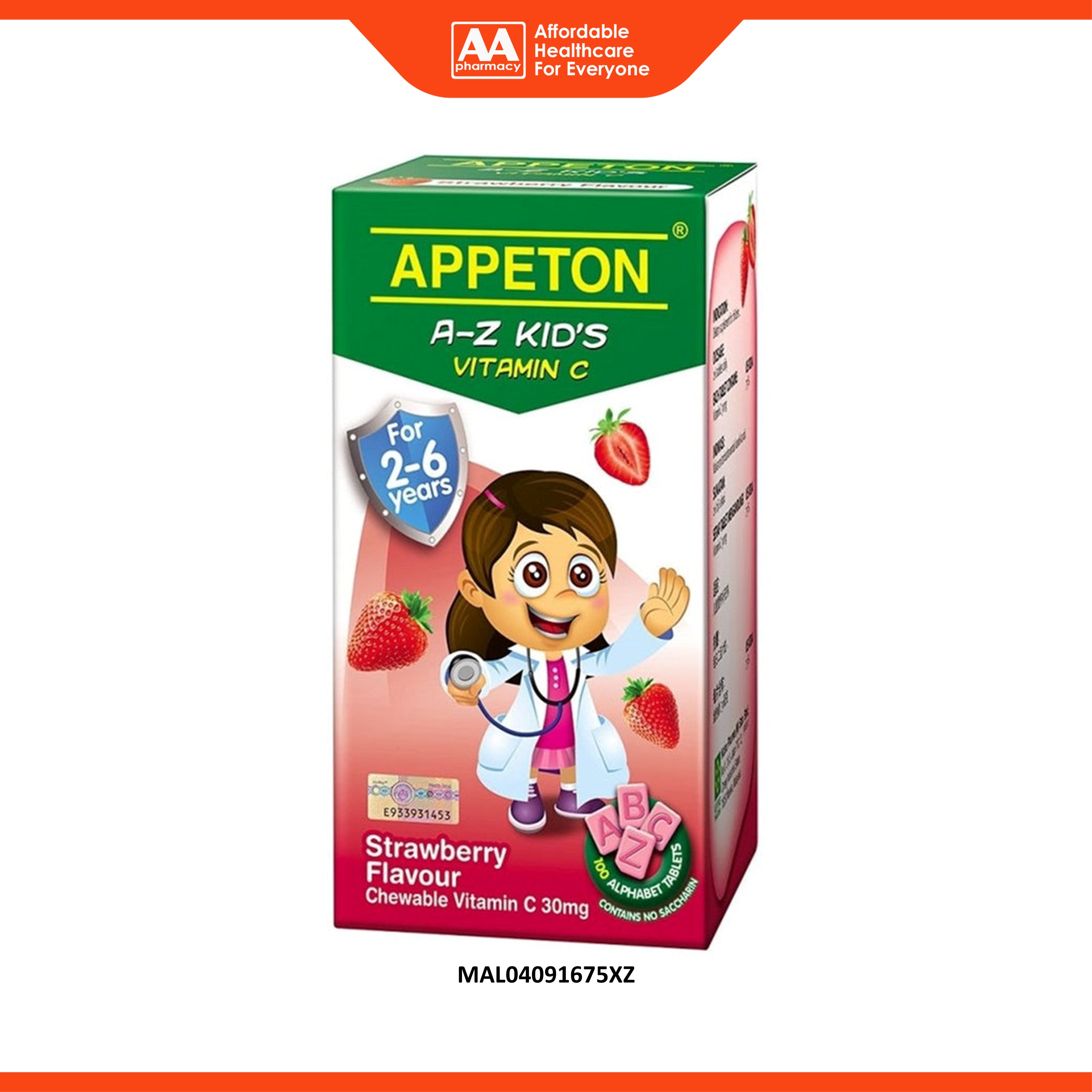 Appeton A-Z Kid's Vitamin C 30mg (Strawberry Flavour) Chewable Tablet 100's [For Children 2-6 Years]