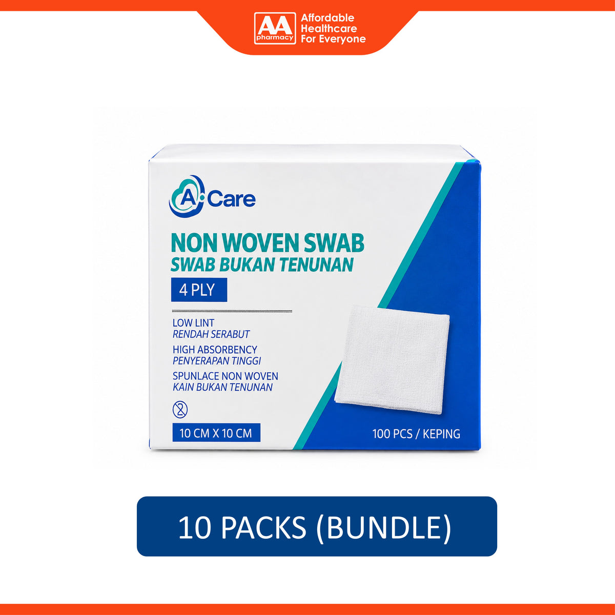 A-Care Non Woven Swab - 10cm x 10cm, 4ply (10 x 100's)