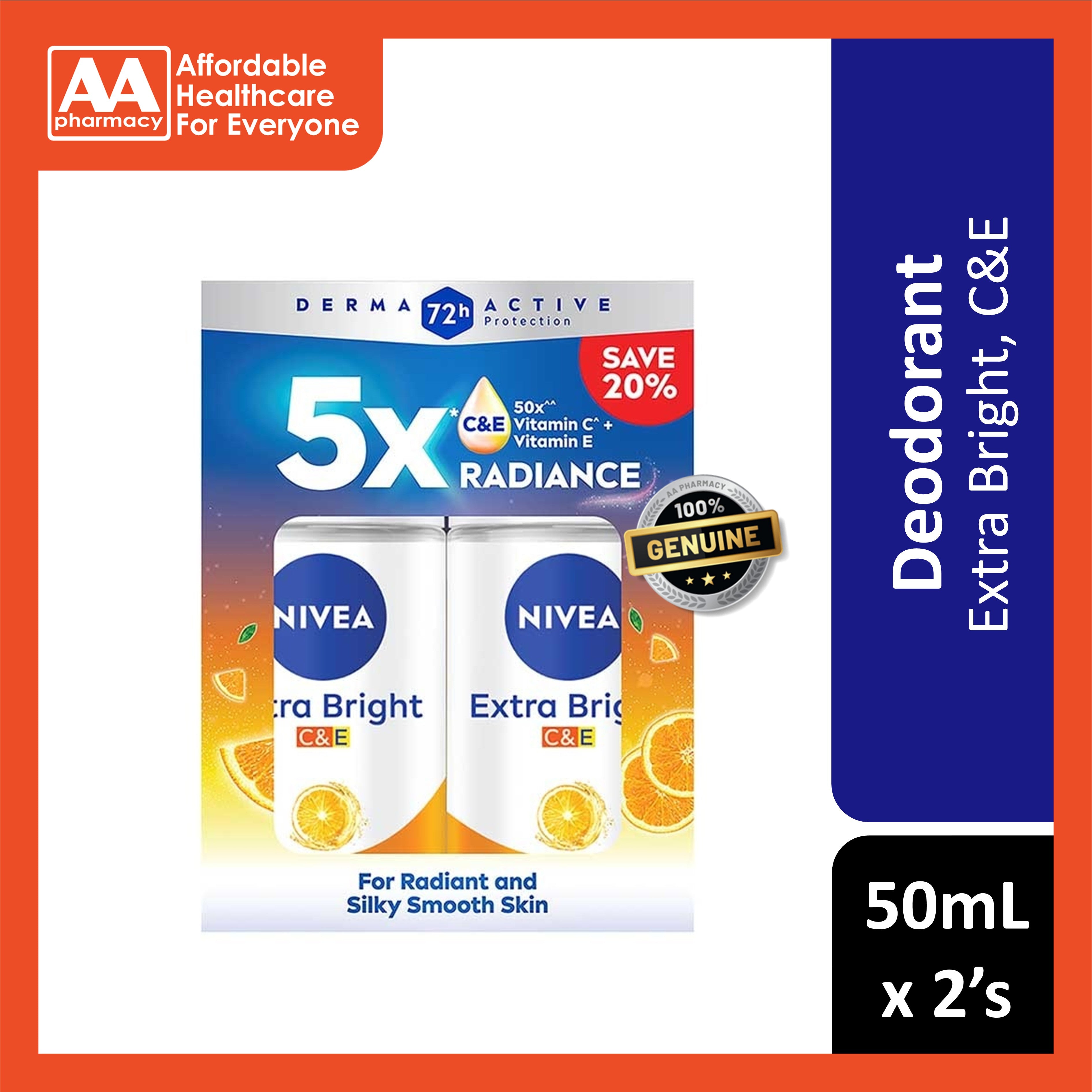 Nivea Extra Bright (C and E) 72H Anti-Perspirant Roll On 50mLx2's [Twinpack]