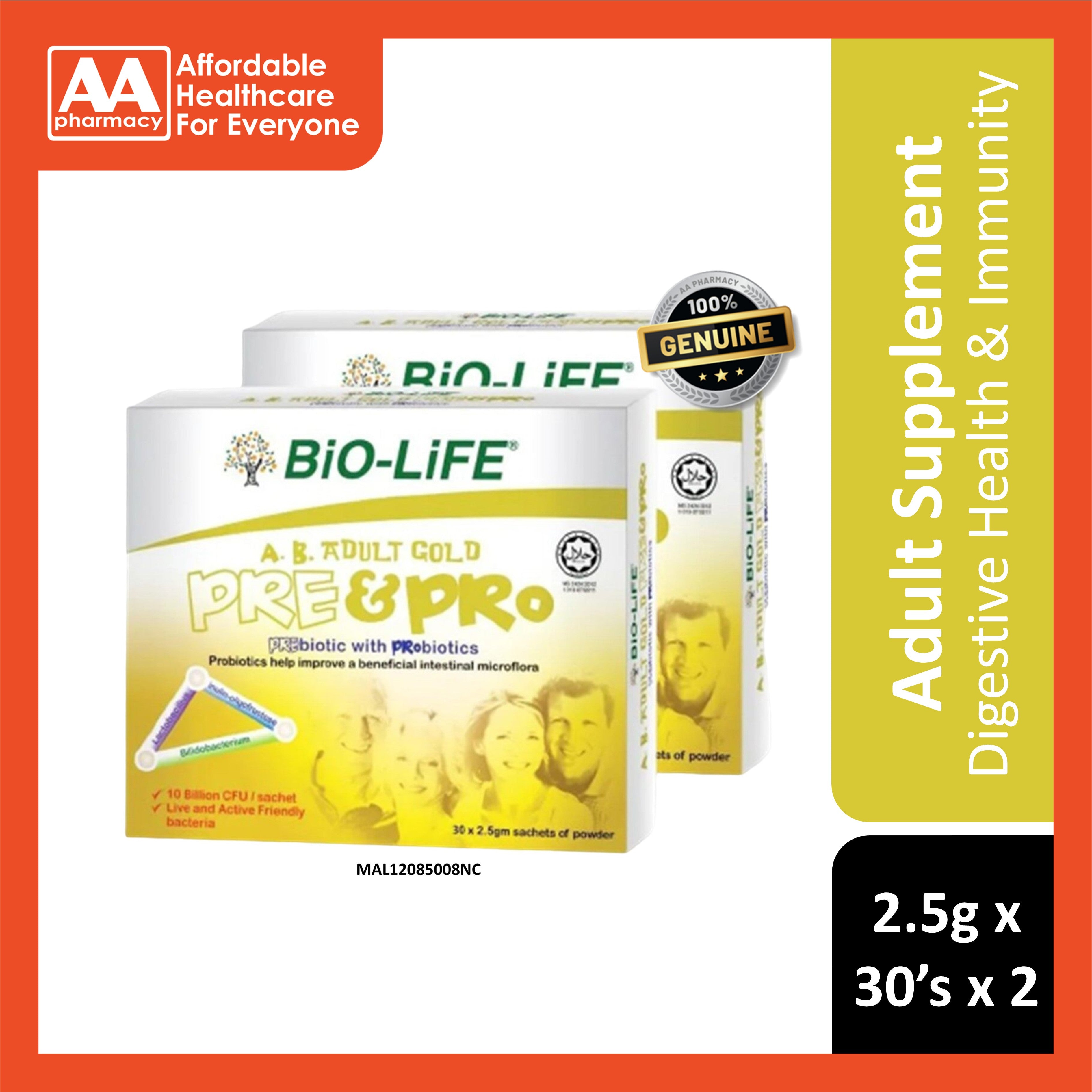 Bio-Life A.B. Adult Gold Pre and Probiotics Powder Sachet 2x2.5gx30's ...