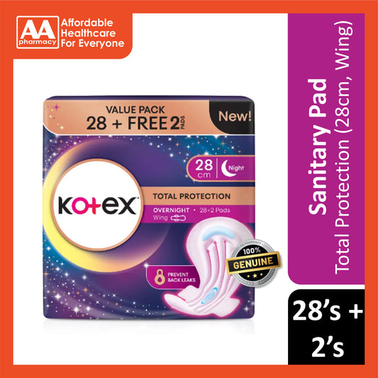 Kotex Pads (Total Protection Overnight, Wing, 28cm) 28's+2's [Night Use]