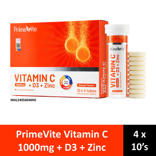 PrimeVite Vitamin C 1000mg + Vitamin D3 + Zinc Effervescent Tablet 4x10's (Orange Flavour)