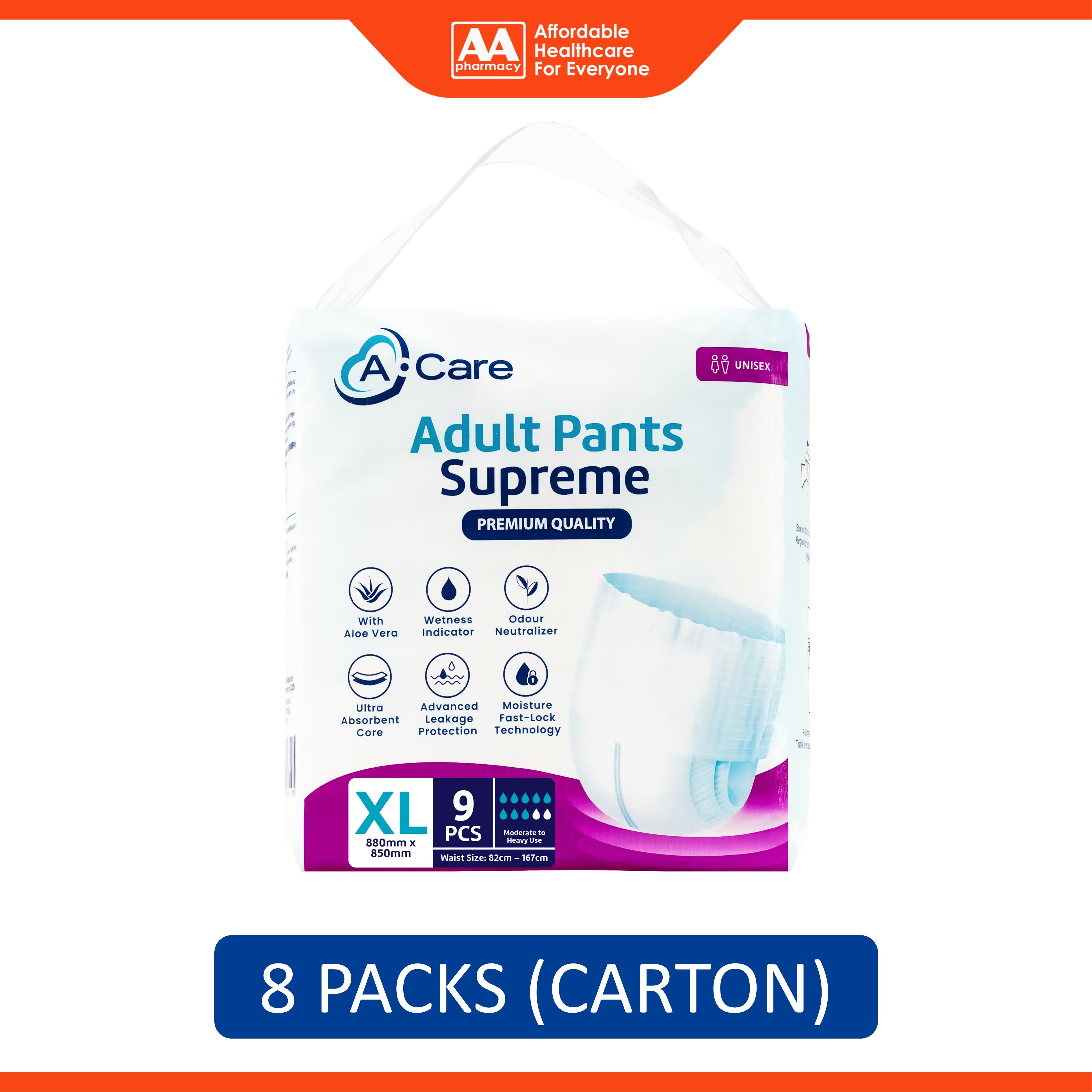 A-Care Supreme Adult Pants Size XL 9's (82-167cm) [8 Packs/Carton]