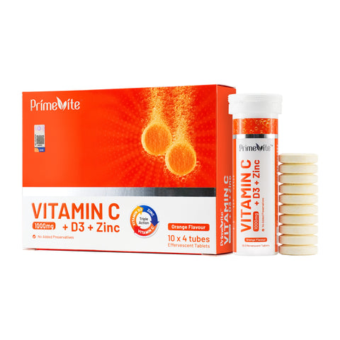 PrimeVite Vitamin C 1000mg + Vitamin D3 + Zinc Effervescent Tablet 4x10's (Orange Flavour)
