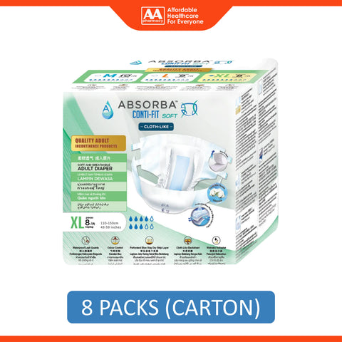 Absorba Conti-Fit Soft Adult Diapers Size XL 8's (110-150cm / 43-59 inches) [8 Packs/Carton]
