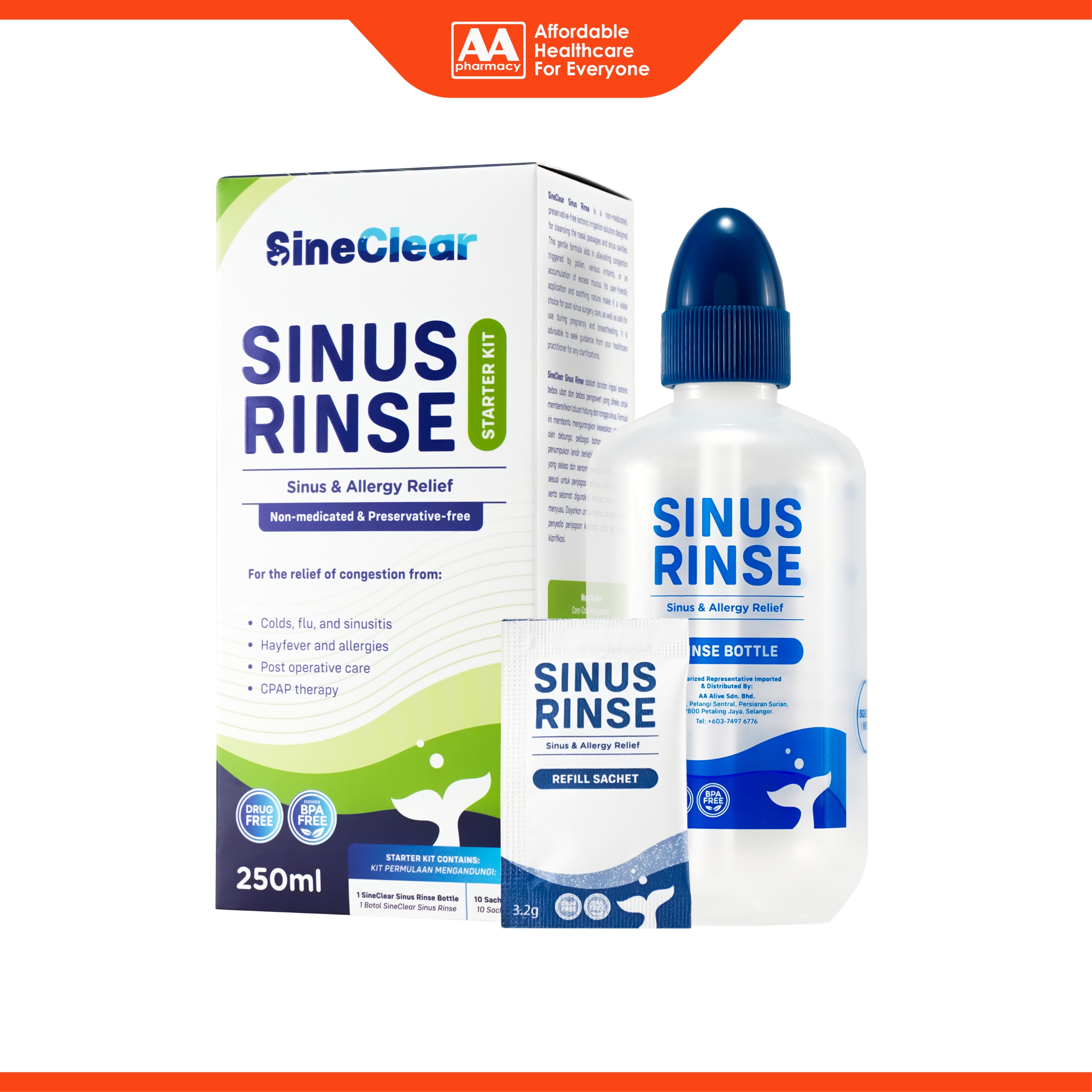 SineClear Sinus Rinse Starter Kit - Contains 1 Bottle and 10 Sachets