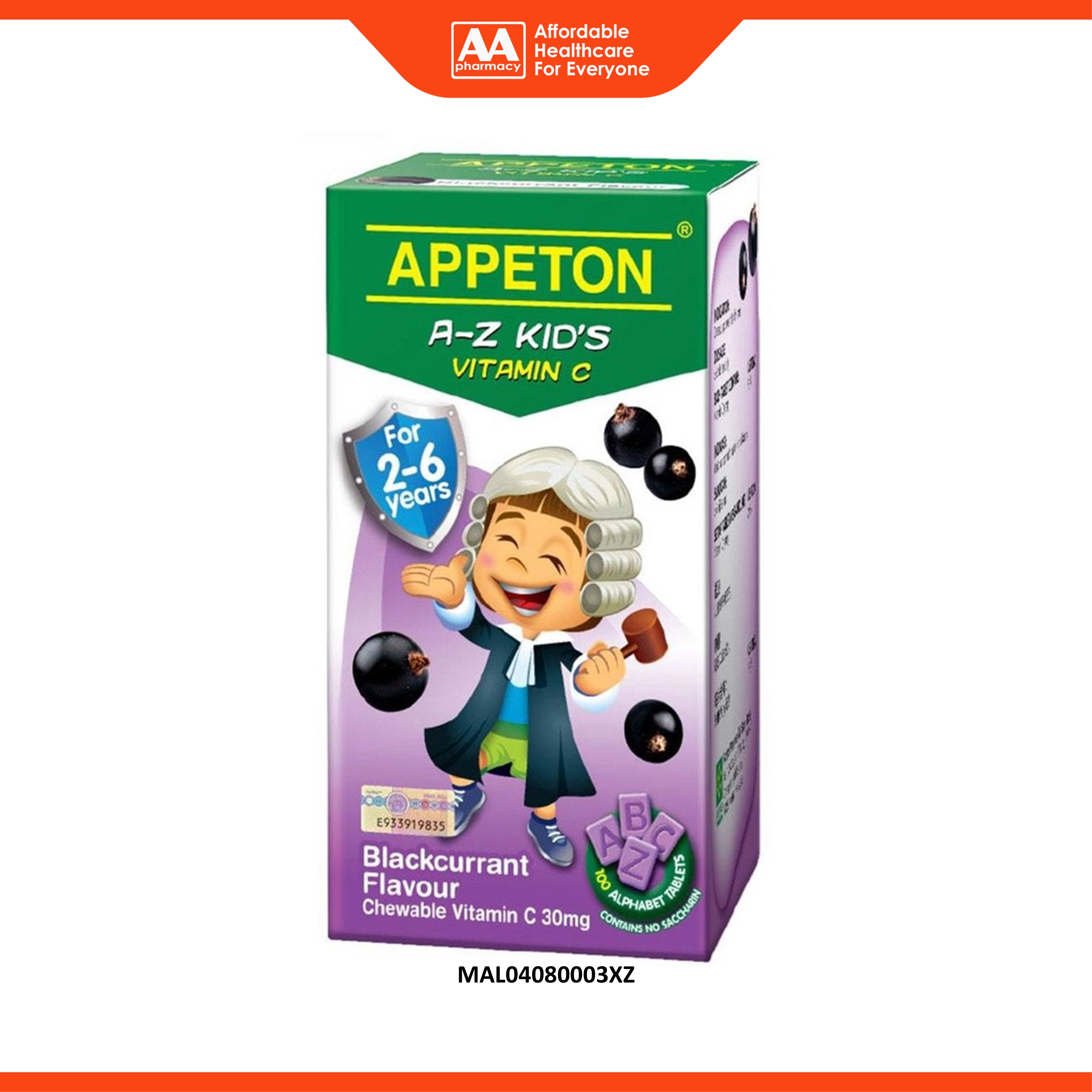 Appeton A-Z Kid's Vitamin C 30mg (Blackcurrant Flavour) Chewable Tablet 100's [For Children 2-6 Years]