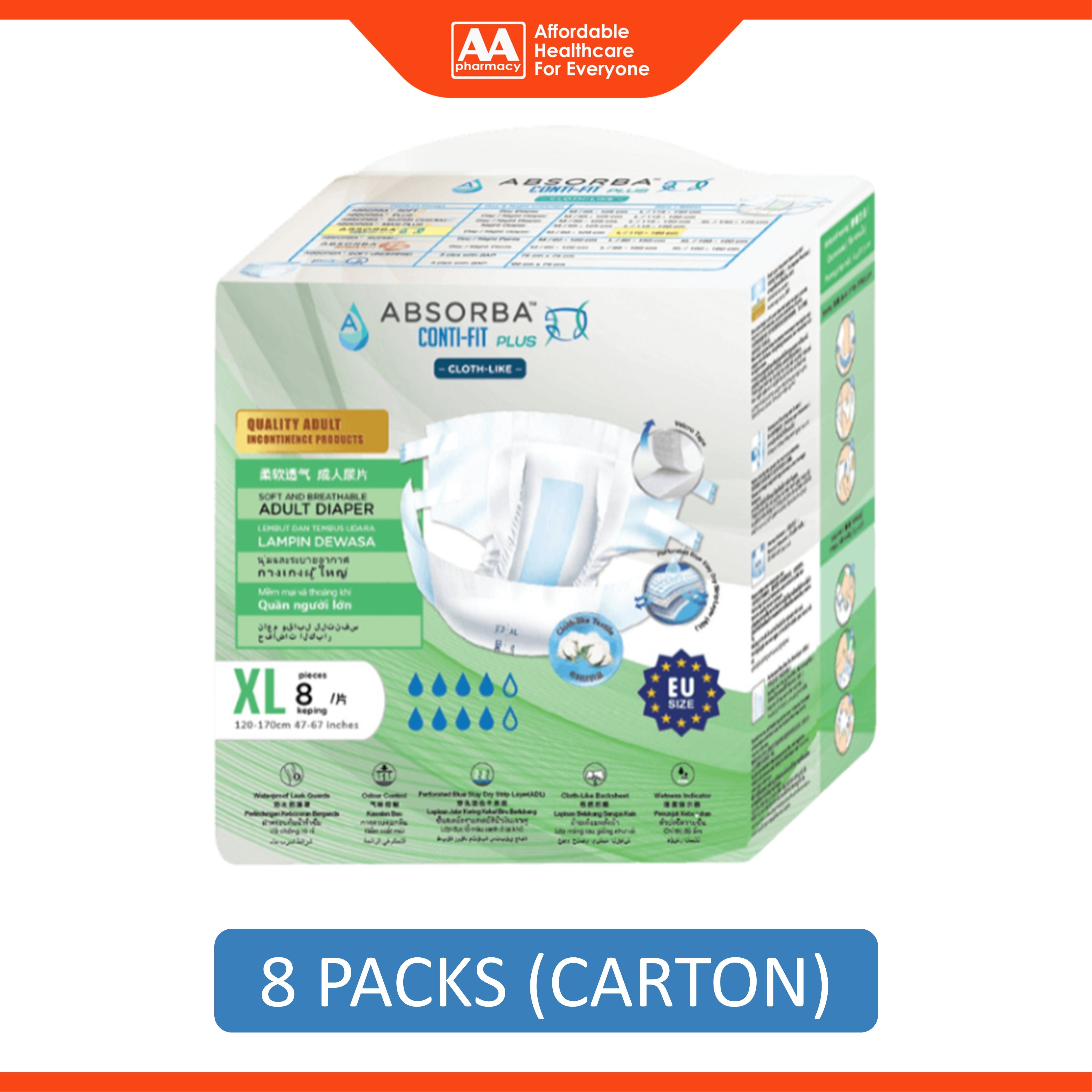 Absorba Conti-Fit Plus Adult Diapers Size XL 8's (120-170cm / 47-67 inches) [8 Packs/Carton]