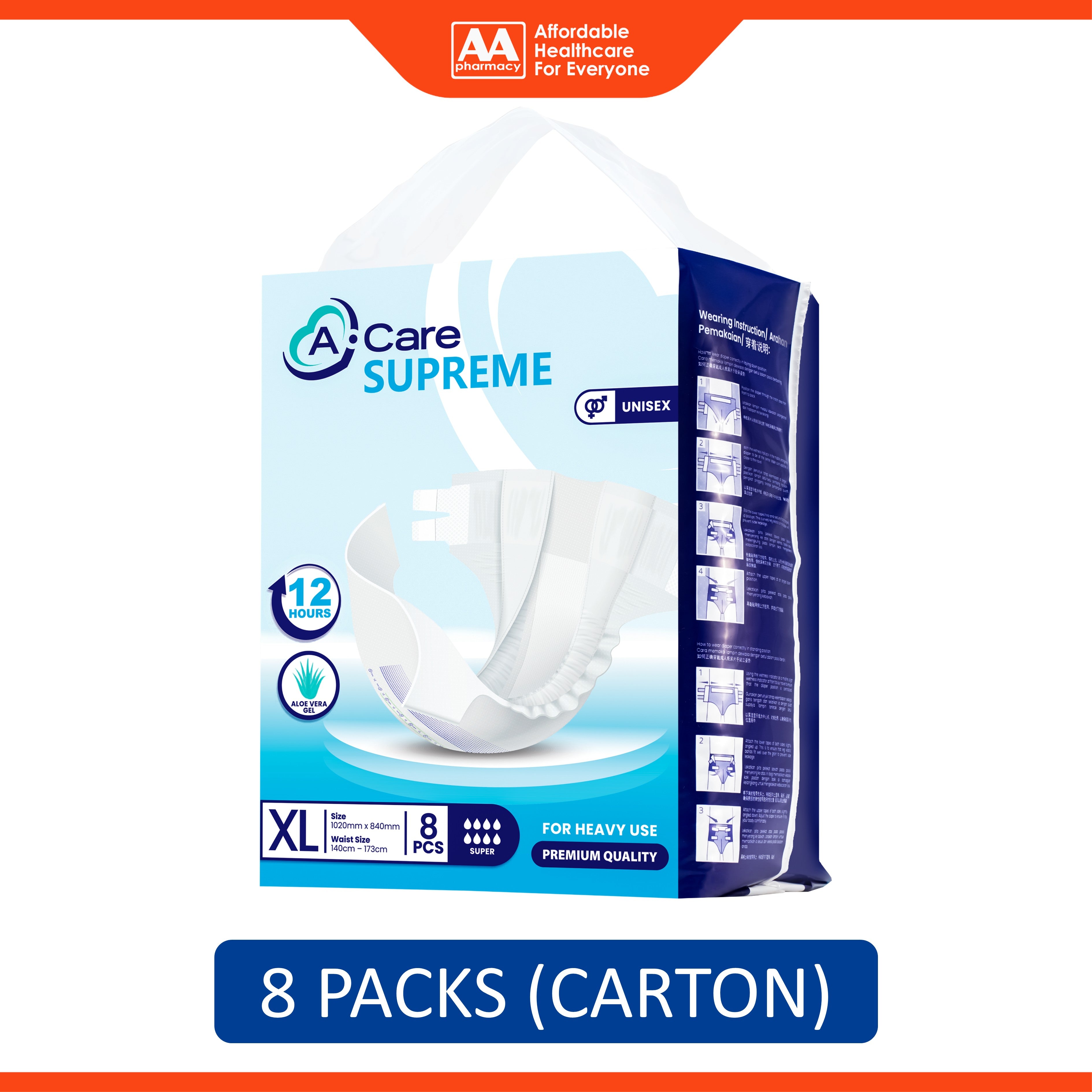 A-Care Supreme Adult Diapers Size XL 8's (140-173cm) [8 Packs/Carton]