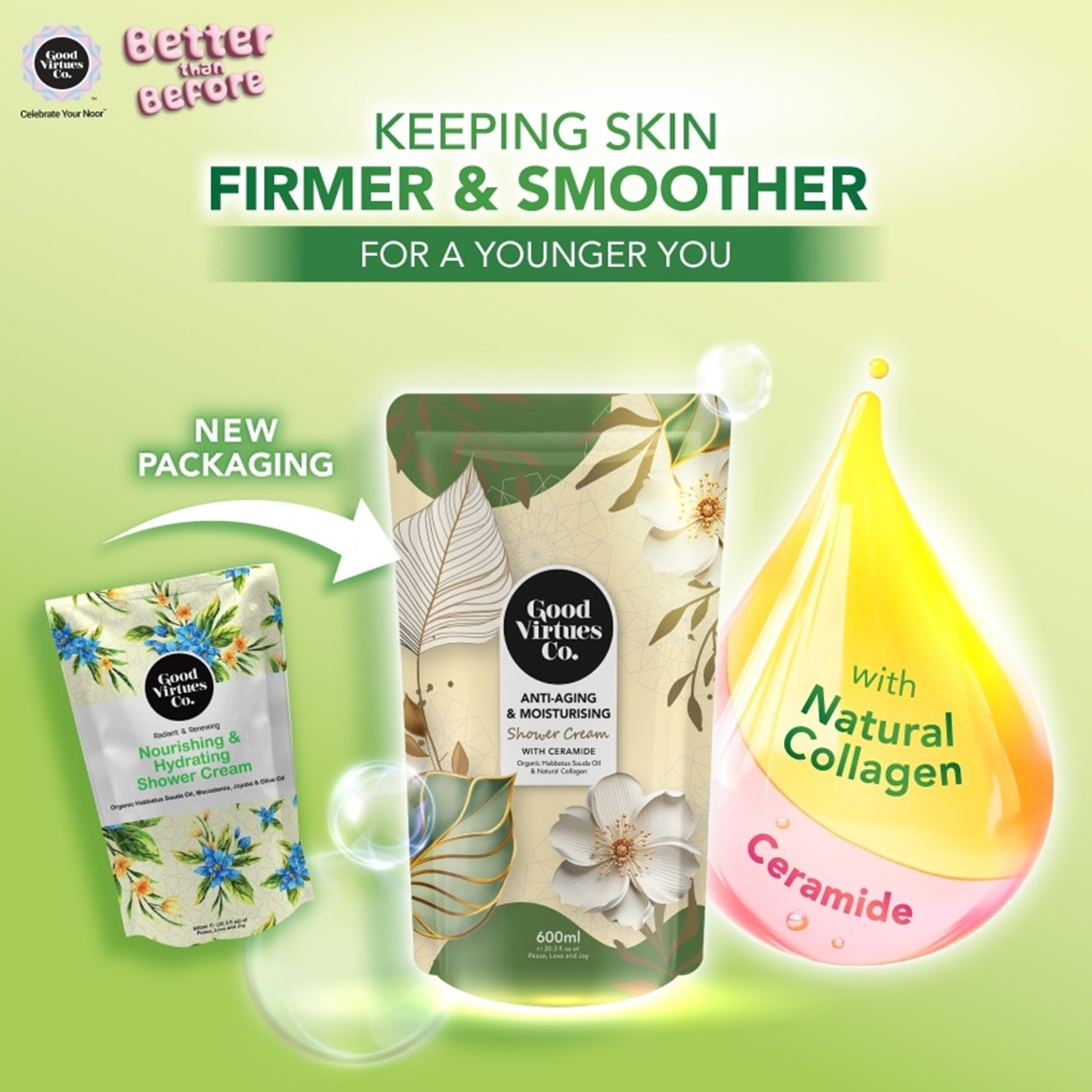 Good Virtues Co. Anti-Aging and Moisturizing Shower Cream (With Ceramide) 600mL (Refill Pack)