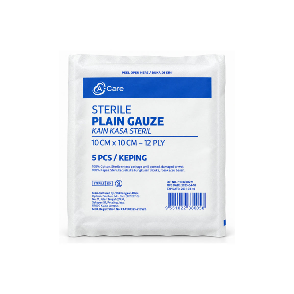A-Care Sterile Plain Gauze - 10cm x 10cm, 12ply (20 x 5's)