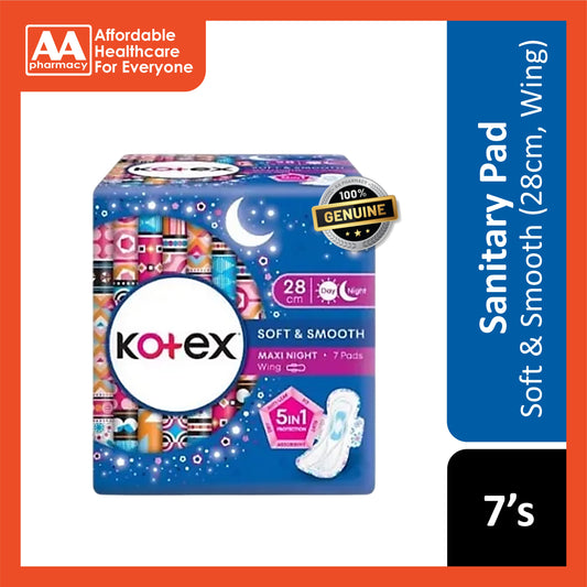 Kotex Pads (Soft and Smooth, Maxi Night Wing, 28cm) 7's [Day/Night Use]