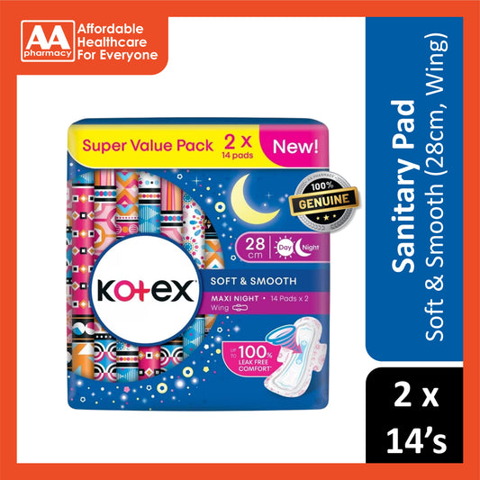 Kotex Pads (Soft and Smooth, Maxi Night Wing, 28cm) 2x14's [Day/Night Use]