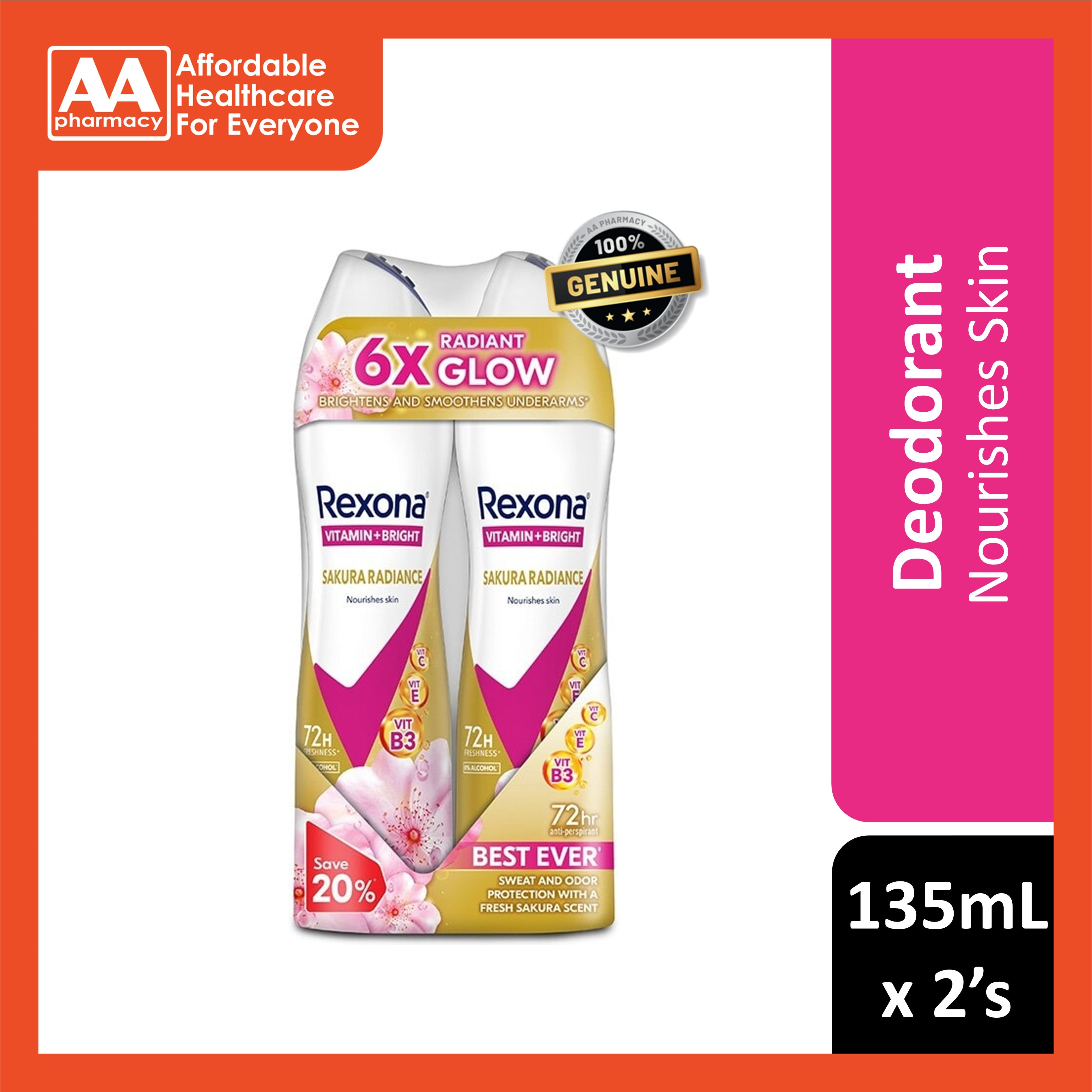 Rexona Vitamin + Bright Antiperspirant Spray (Sakura Radiance) 135mLx2's [Twinpack]