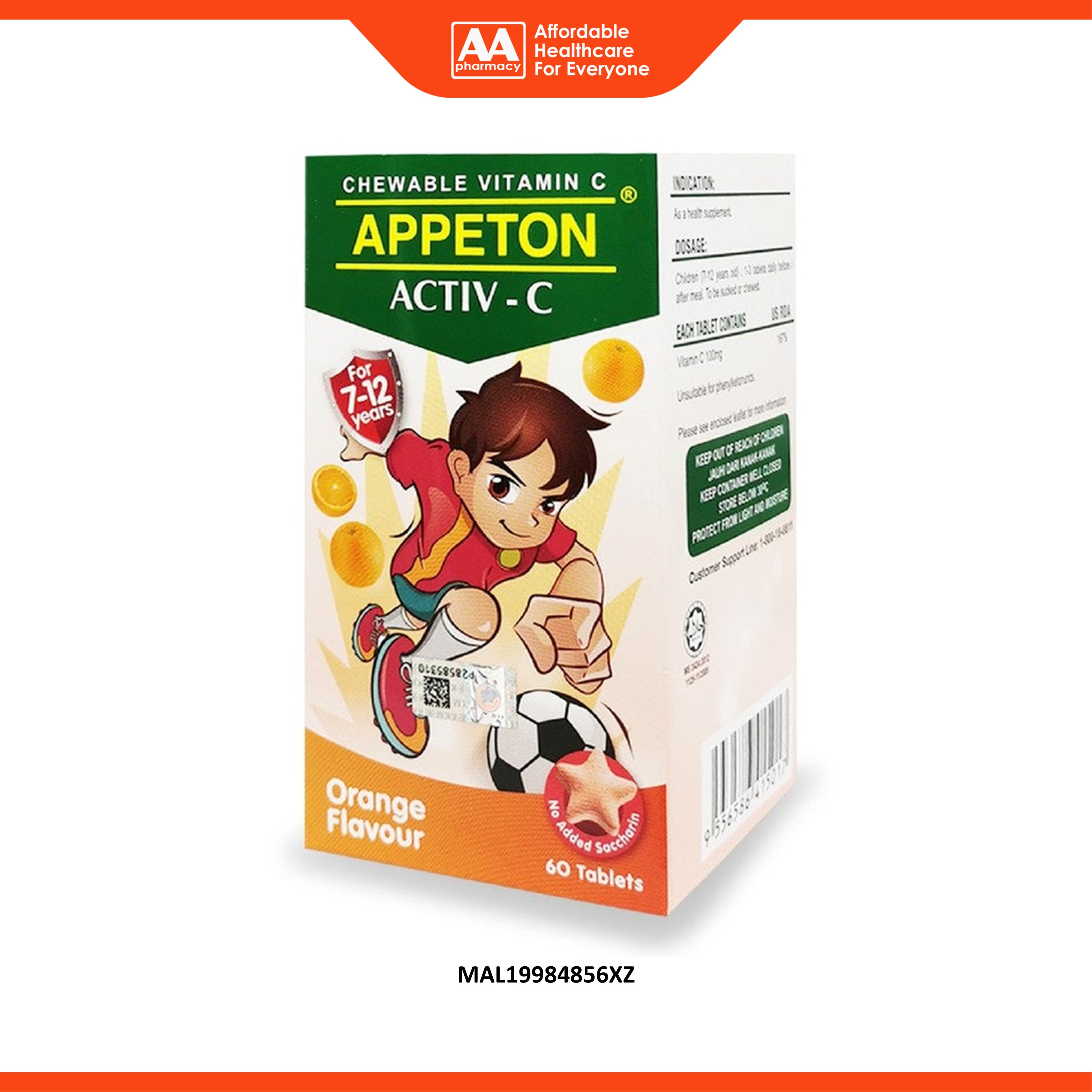 Appeton Activ-C Vitamin C 100mg (Orange Flavour) Chewable Tablet 60's (For Children 7-12 Years)