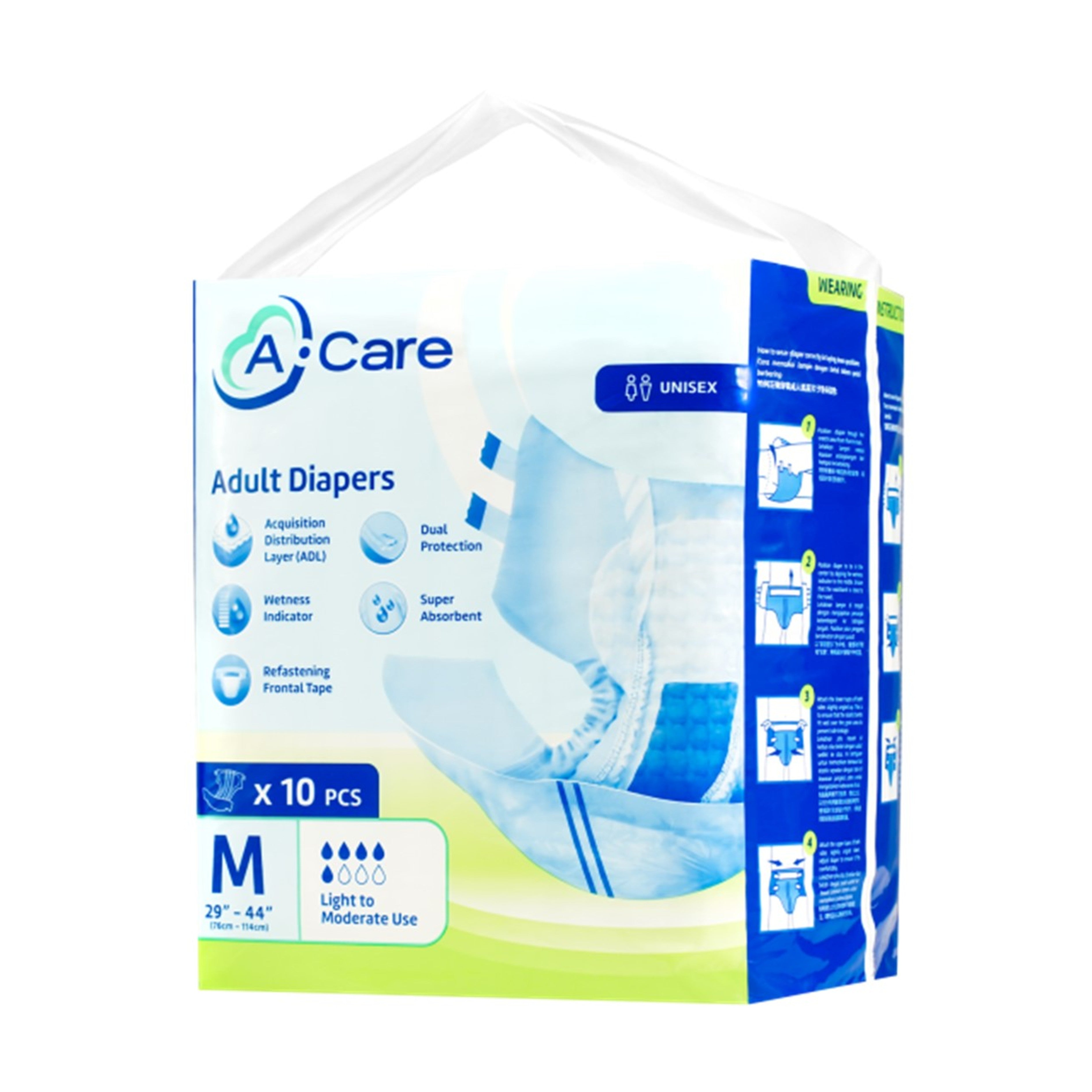 A-Care Adult Diapers Size M 10's (76-114cm / 29-44 inches)