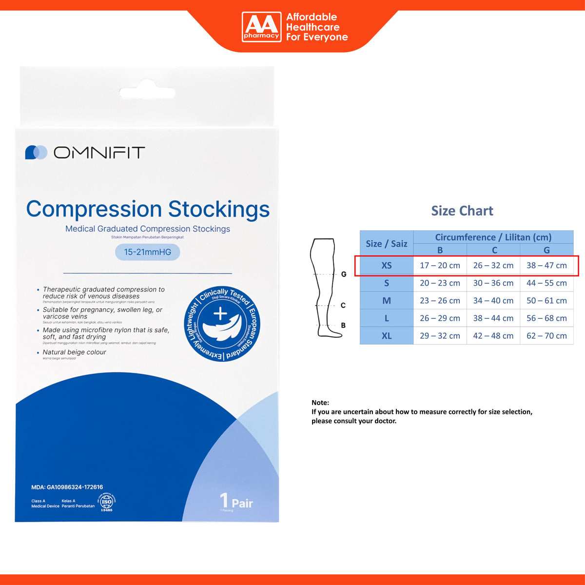 Omnifit Compression Stockings 15-21mmHg (Size XS-XL) - MDA Approved