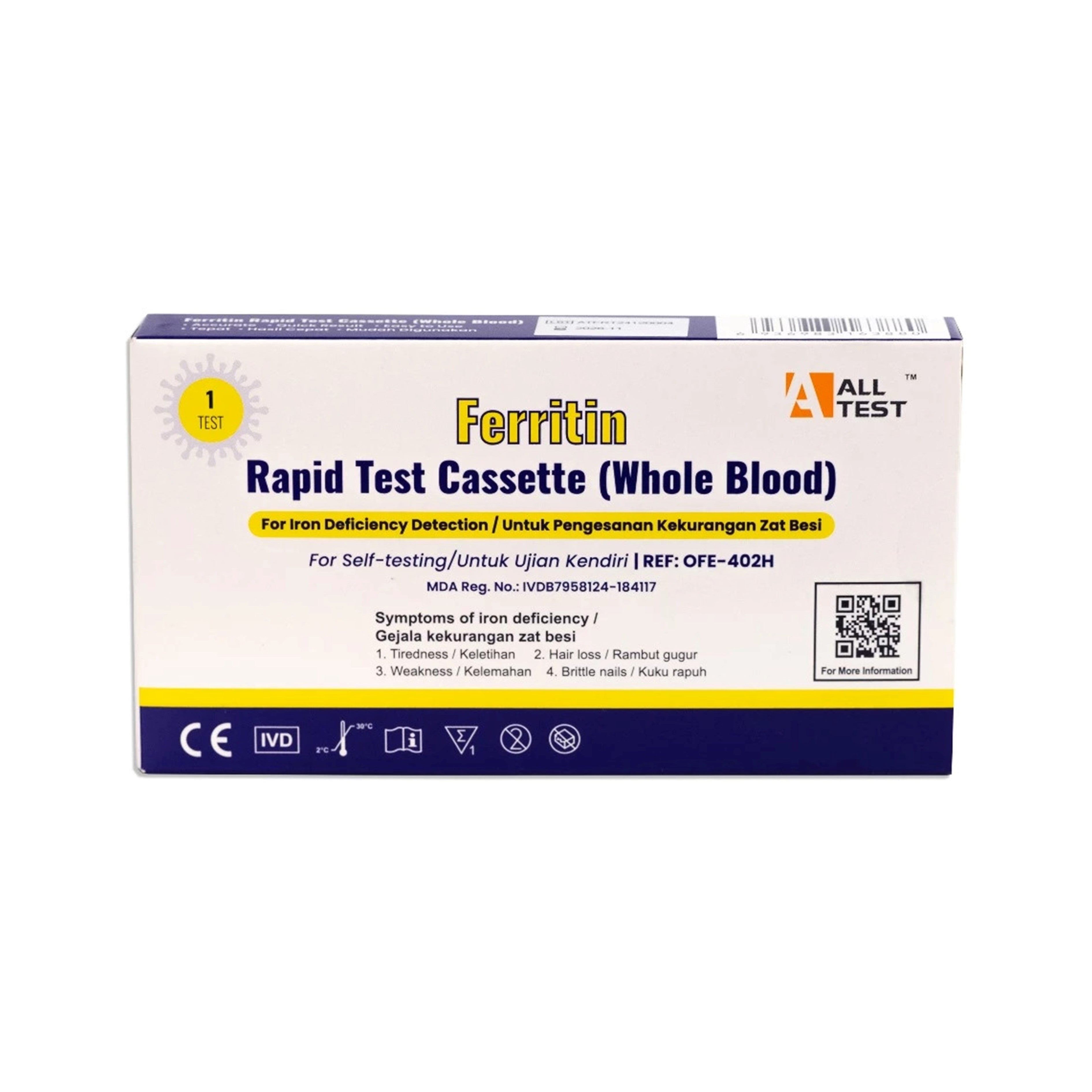ALLTEST Ferritin Rapid Test Cassette (Whole Blood) - REF OFE-420H (1's) - Self-Testing for Iron Deficiency