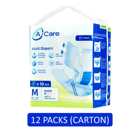 A-Care Adult Diapers Size M 10's (76-114cm / 29-44 inches) [12 Packs/Carton]