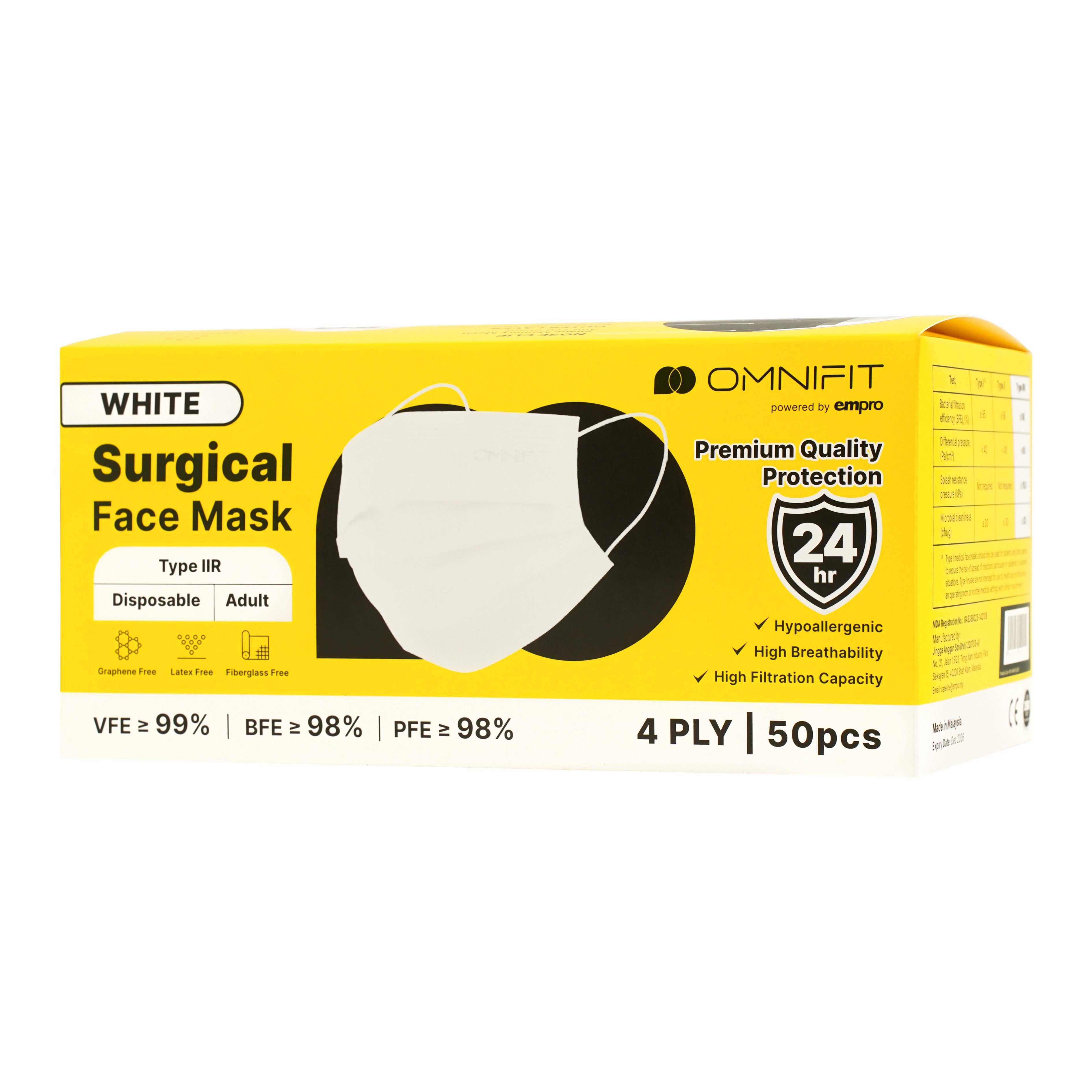 Omnifit Surgical Face Mask - 4 ply, White (50's)