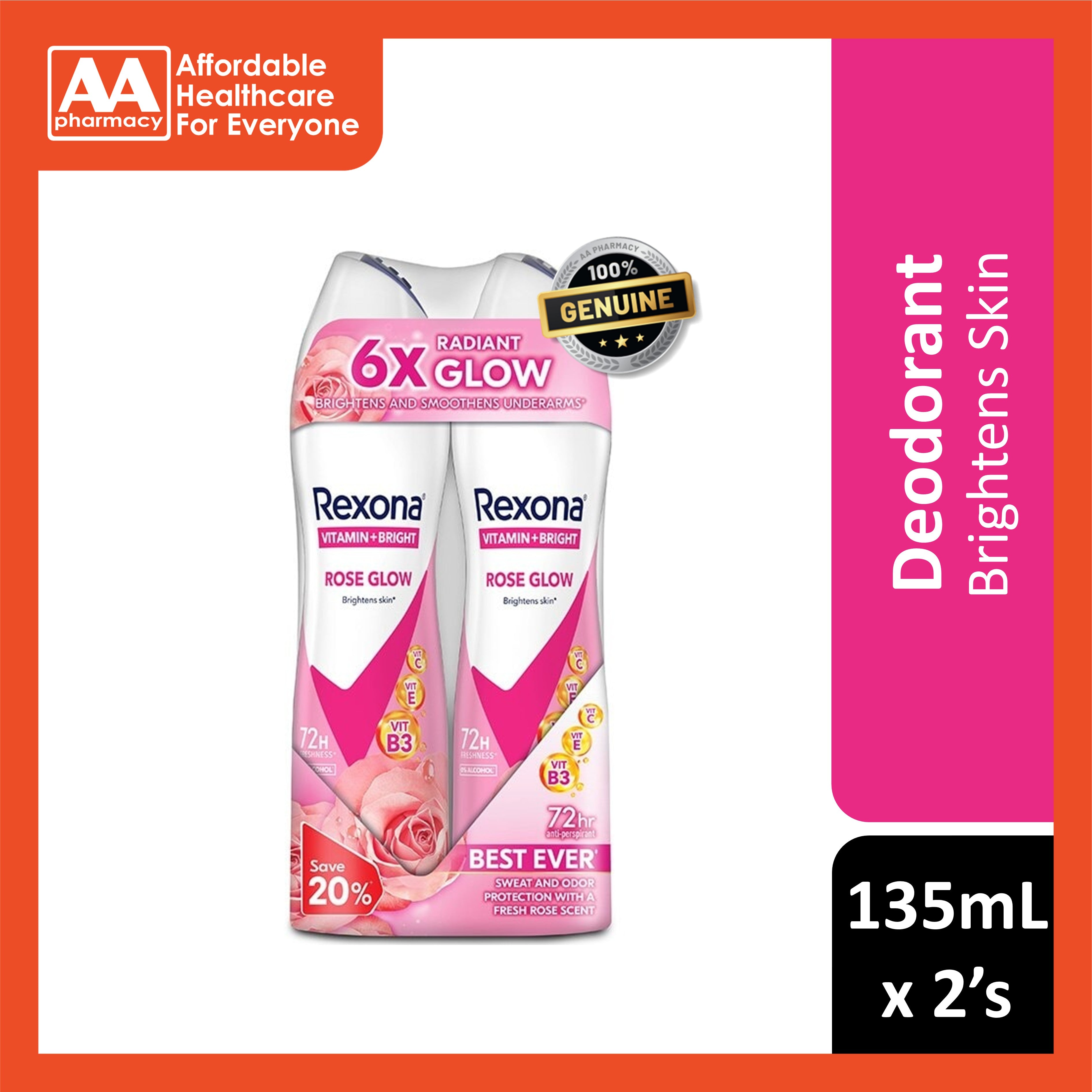 Rexona Vitamin + Bright Antiperspirant Spray (Rose Glow) 135mLx2's [Twinpack]