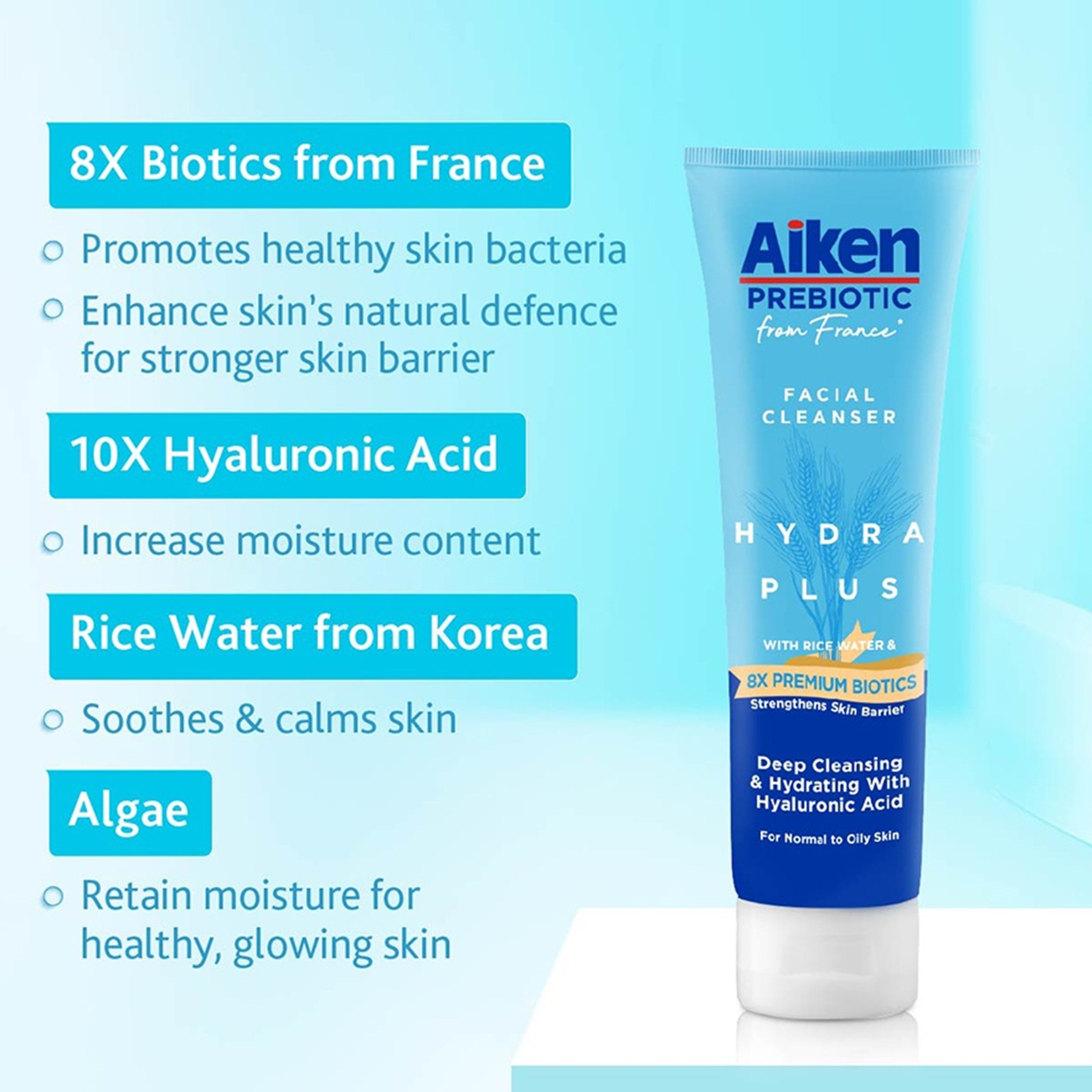 Aiken Prebiotic Hydra Plus Facial Cleanser with Rice Water and 8x Premium Biotics (120g)