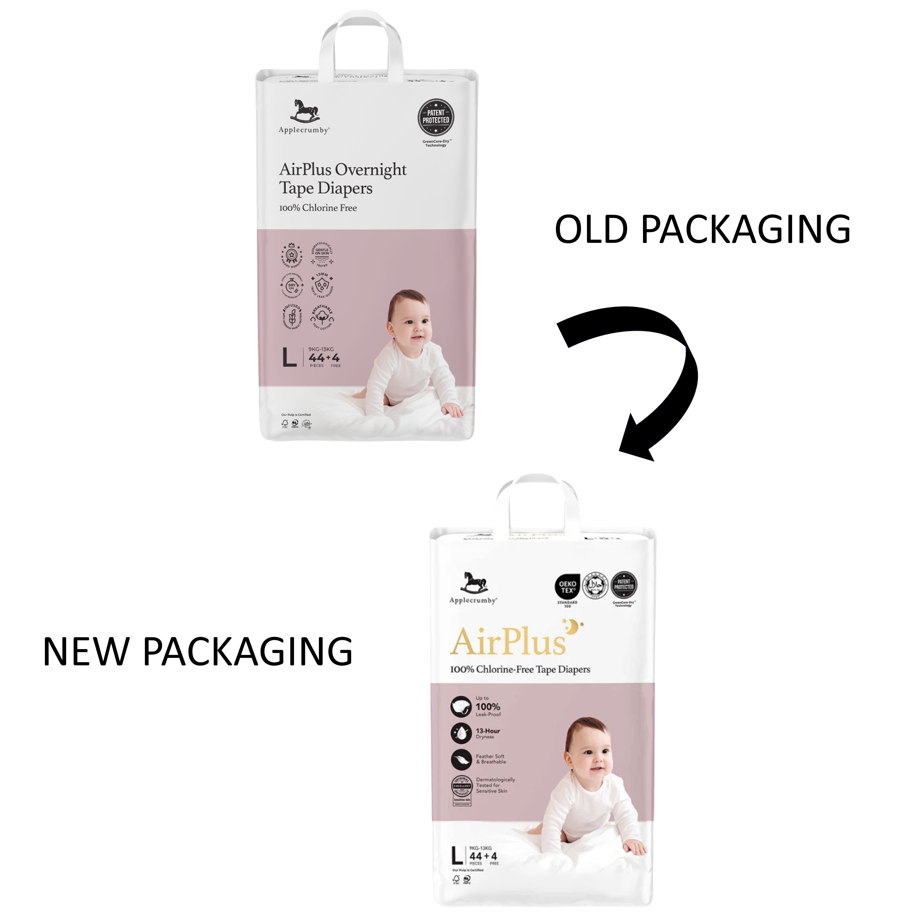 Applecrumby AirPlus Baby Tape Diapers Size L 44's+4's (For 9-13kg)