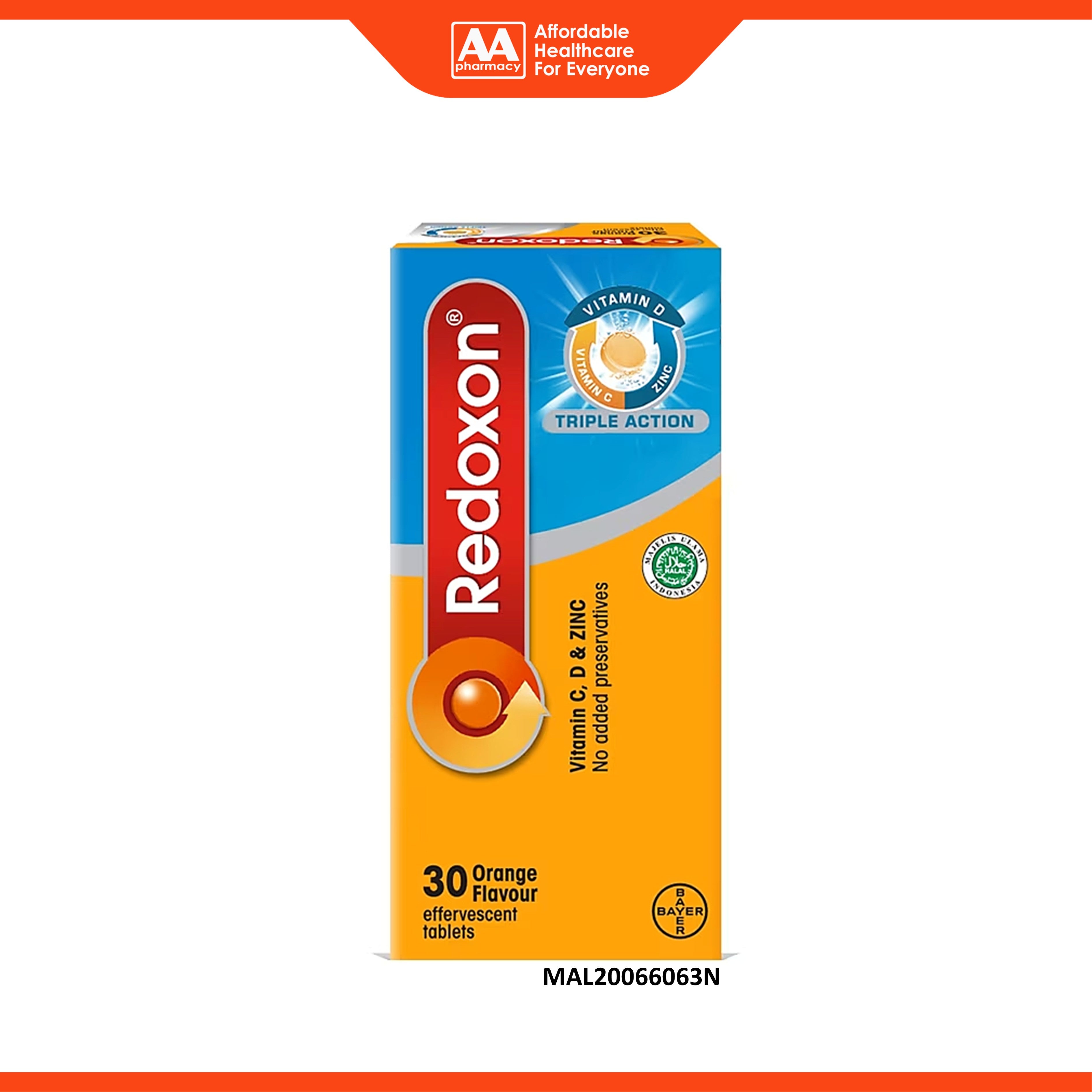 Redoxon Triple Action (Vitamins C, D and Zinc) Effervescent Tablet 2x15’s (Orange Flavour)