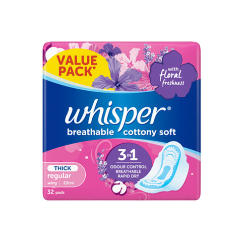 Whisper Breathable Cottony Soft Pads (Thick, Regular, Wing 23cm) 32's