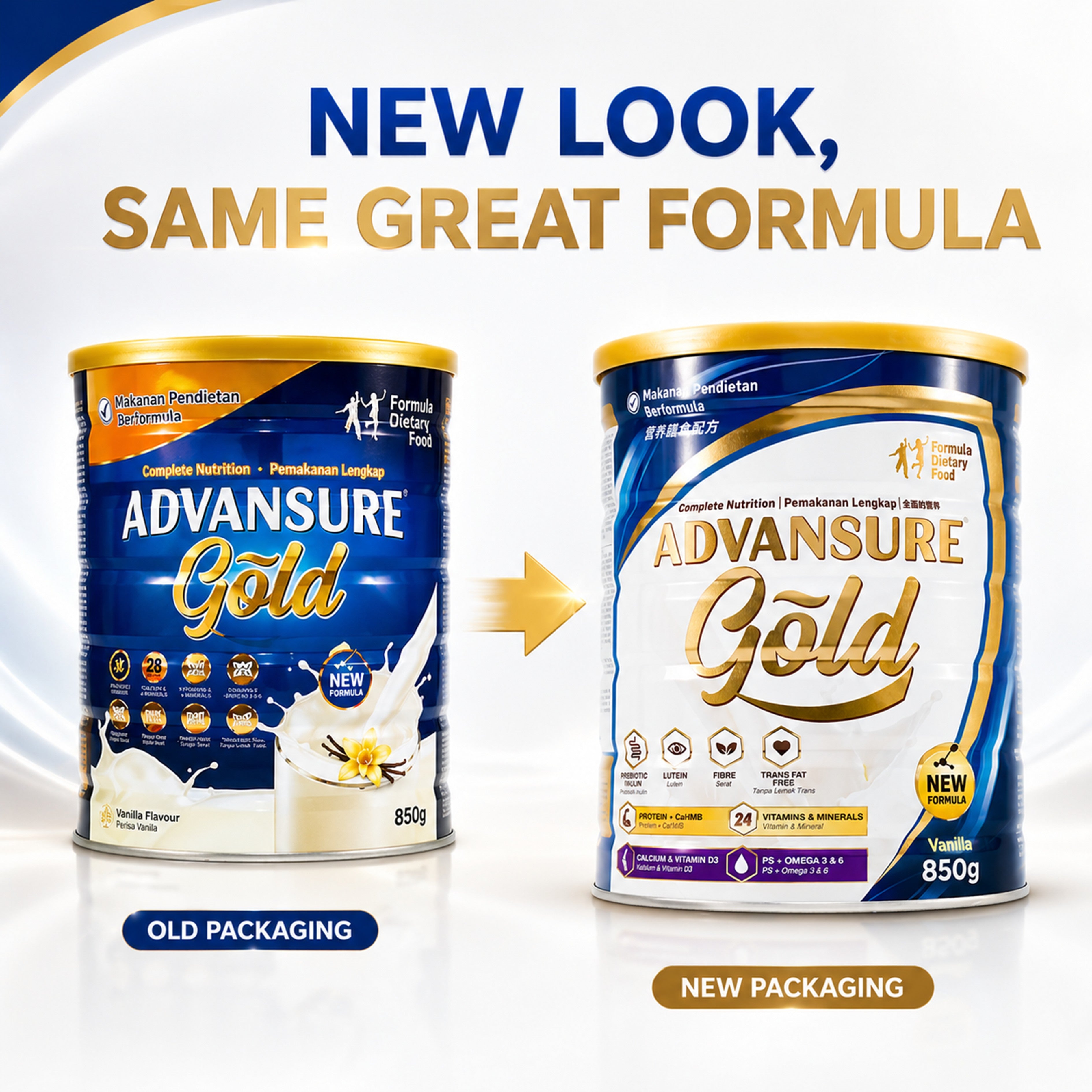 Advansure Gold Complete Nutrition Formula Dietary Food 850g (Vanilla Flavour)