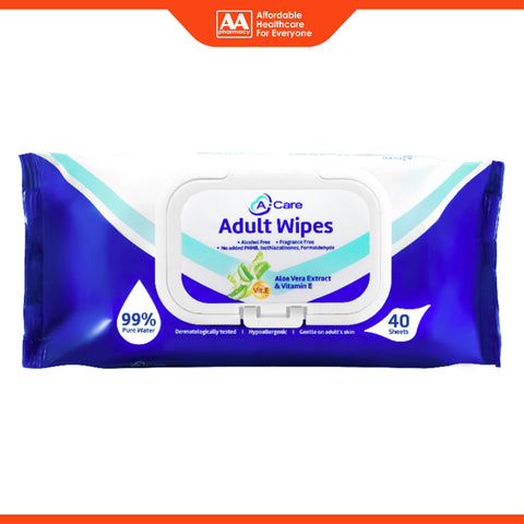 A-Care Adult Wipes 40's (with Aloe Vera extract and Vitamin E)
