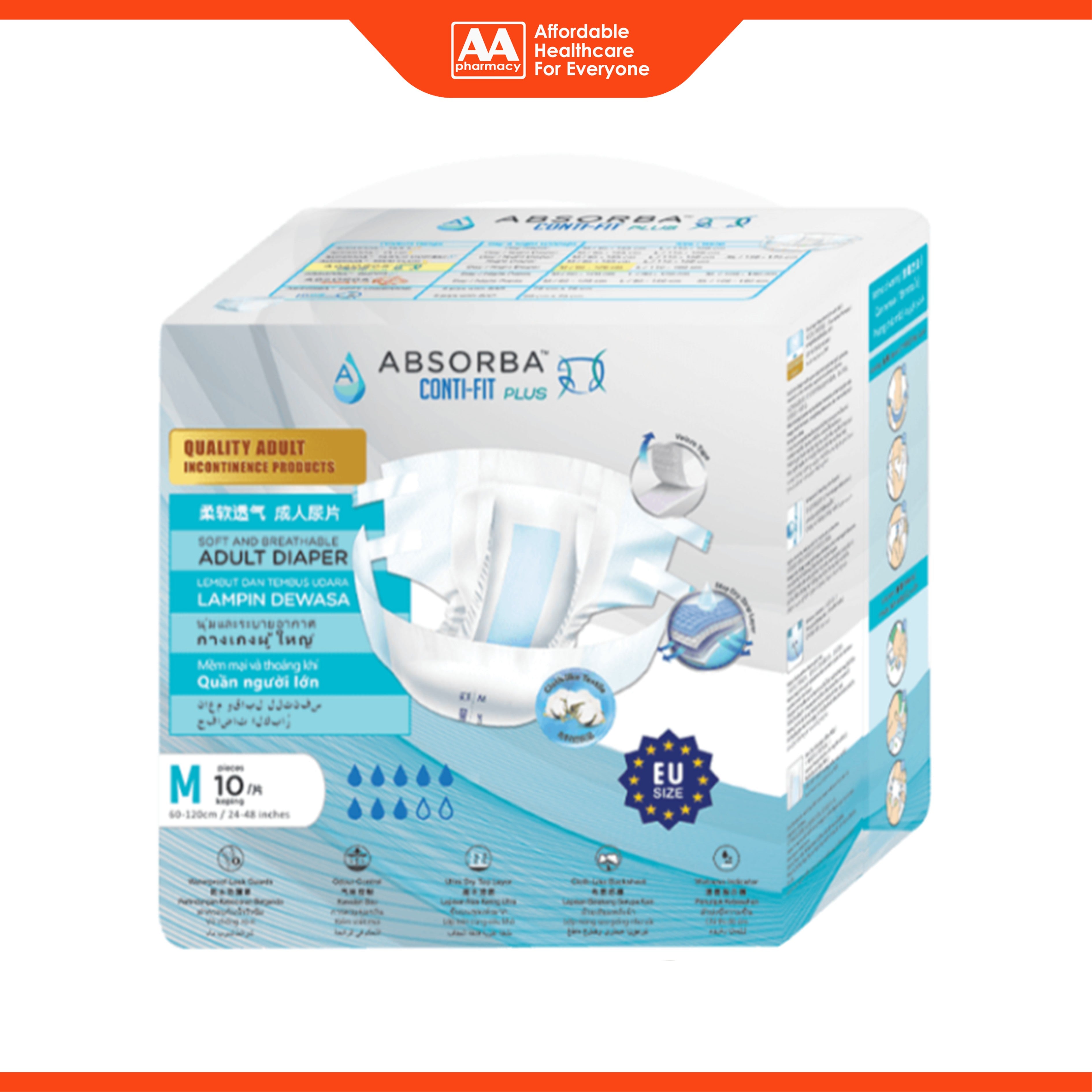 Absorba Conti-Fit Plus Adult Diapers Size M 10's (60-120cm / 24-48 inches)