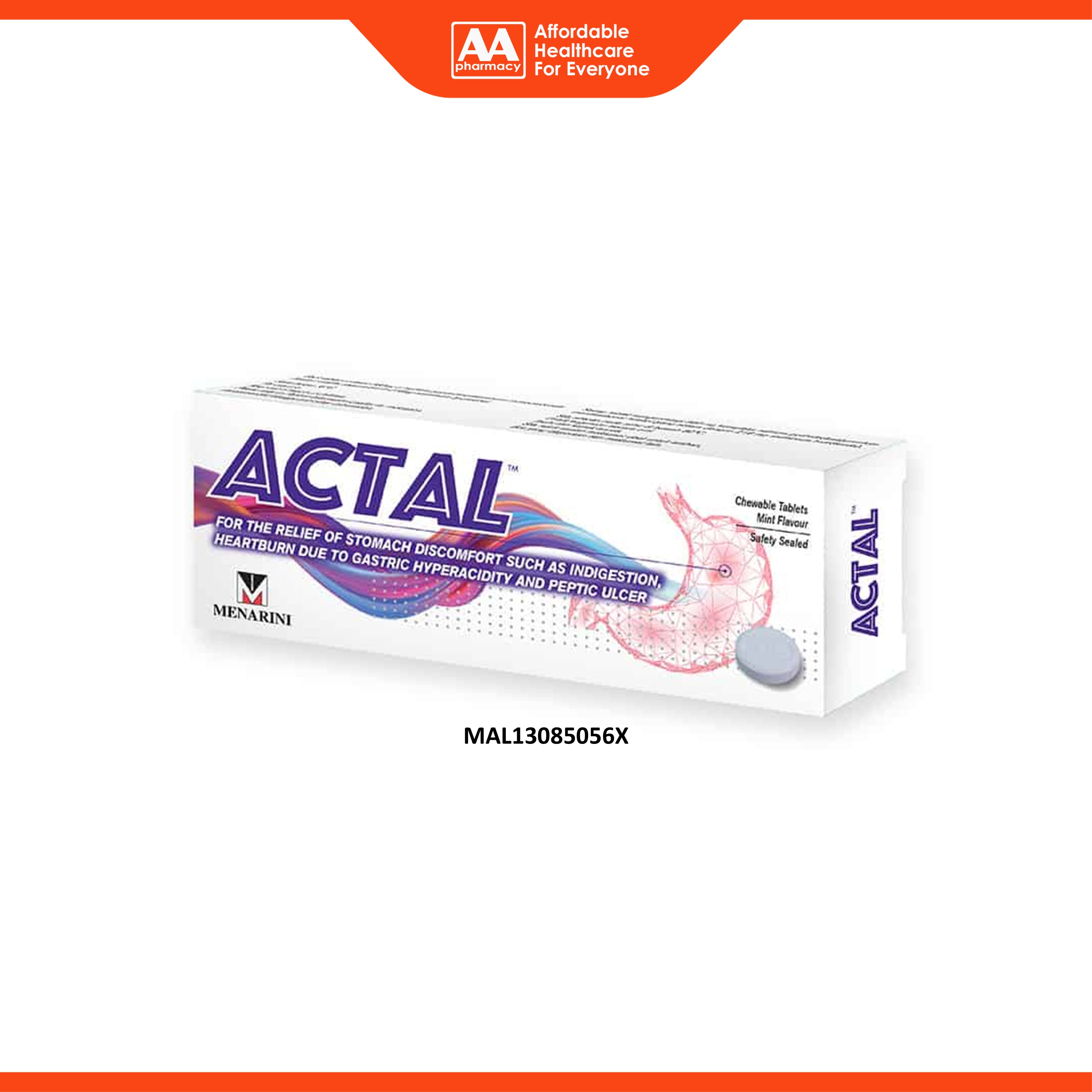 Actal Chewable Tablet (Mint Flavour) 12x10's (For Relief of Stomach Discomfort)
