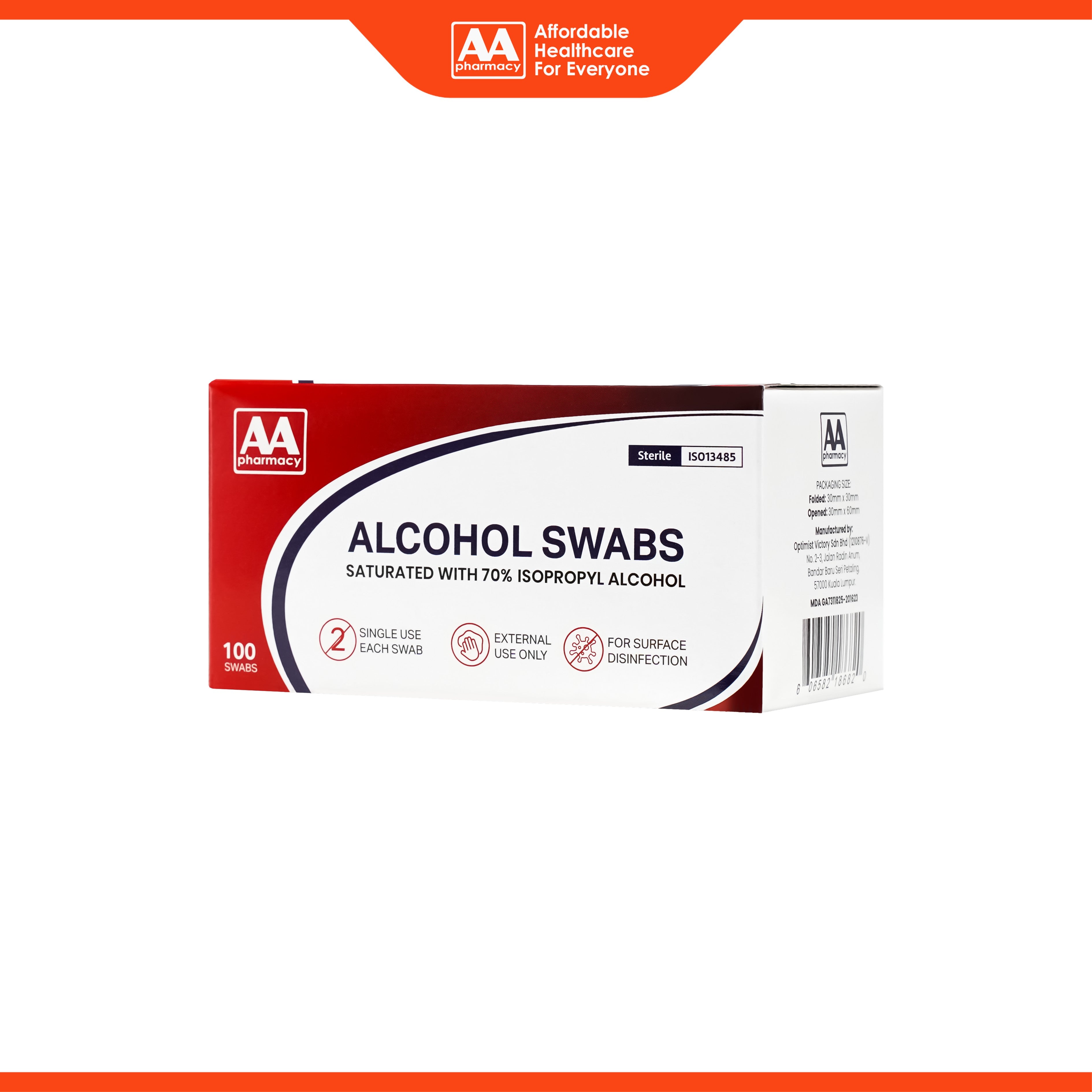 AA Sterile Alcohol Swabs 100's (70% Isopropyl Alcohol)