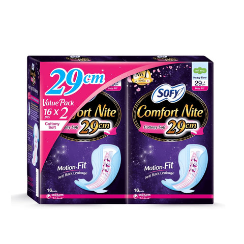 Sofy Sanitary Pads (Comfort Nite Cottony Soft, Heavy Flow, Wing, 29cm) 2x16's