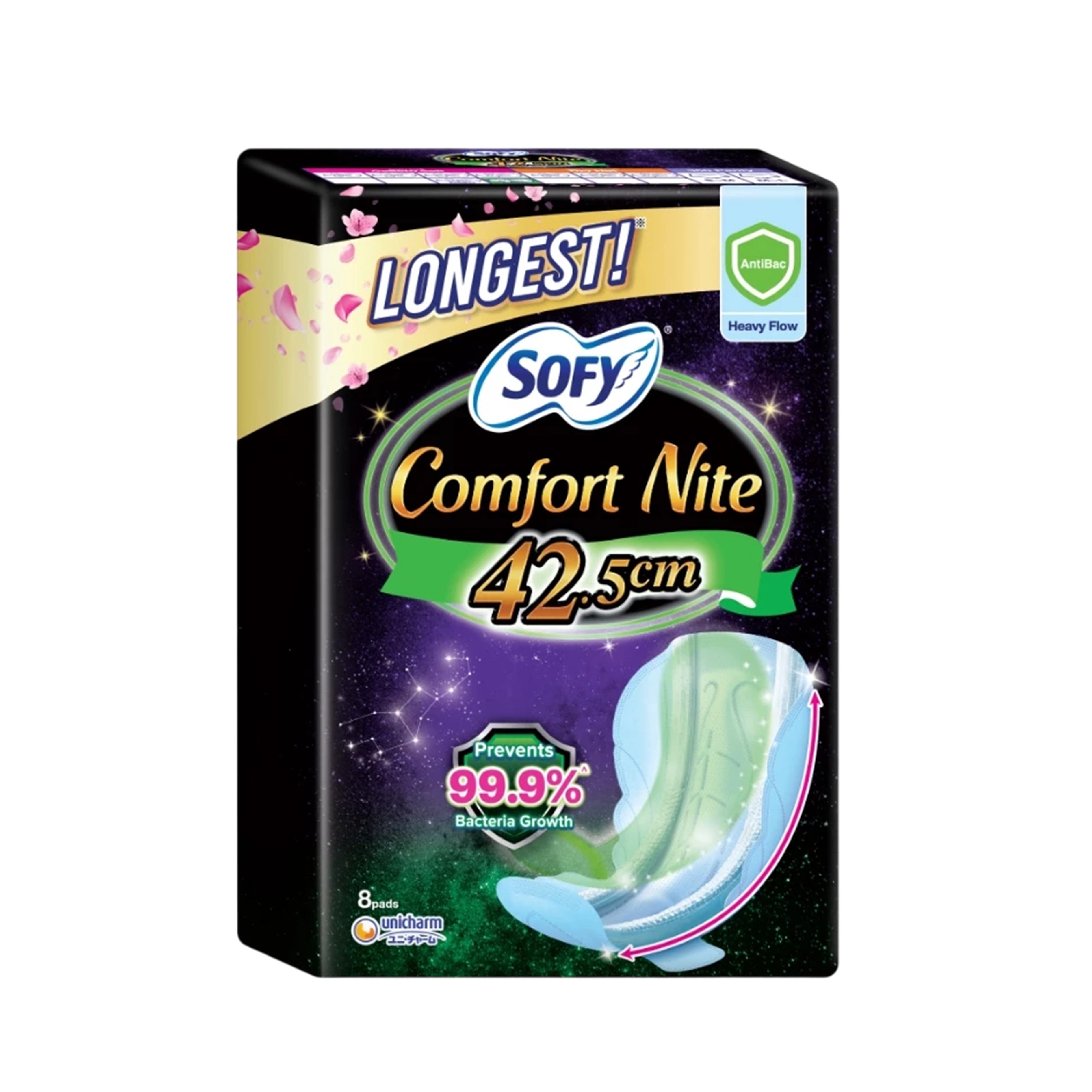 Sofy Sanitary Pads (Comfort Nite Anti Bac, Heavy Flow, Wing, 42.5cm) 8's