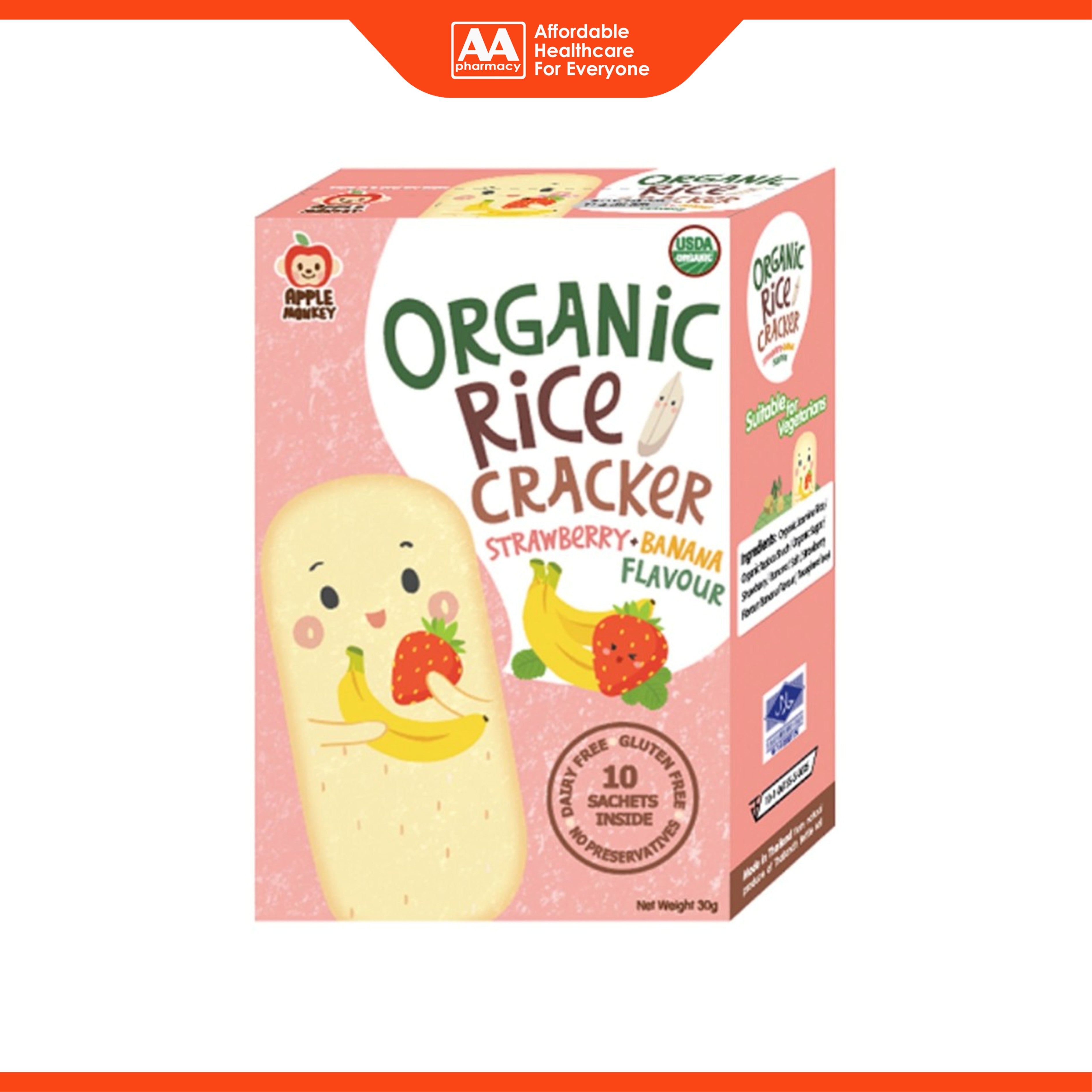 Apple Monkey Organic Rice Cracker - Strawberry Banana Flavour (10 x 3g)