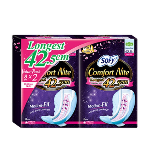 Sofy Sanitary Pads (Comfort Nite Cottony Soft, Heavy Flow, Wing, 42.5cm) 2x8's