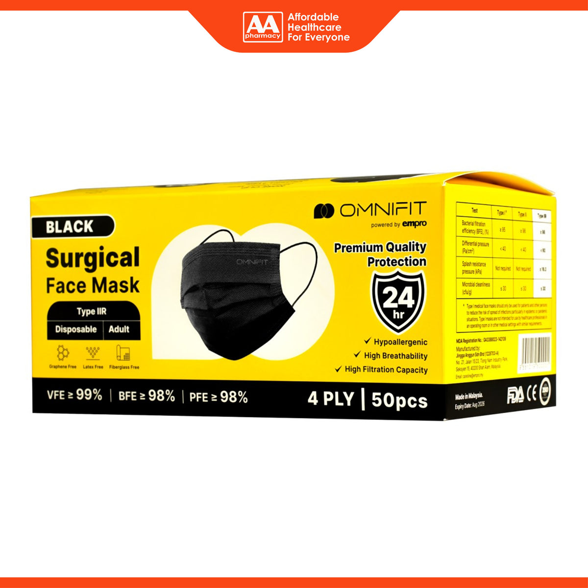 Omnifit Surgical Face Mask - 4 ply, Black (50's)