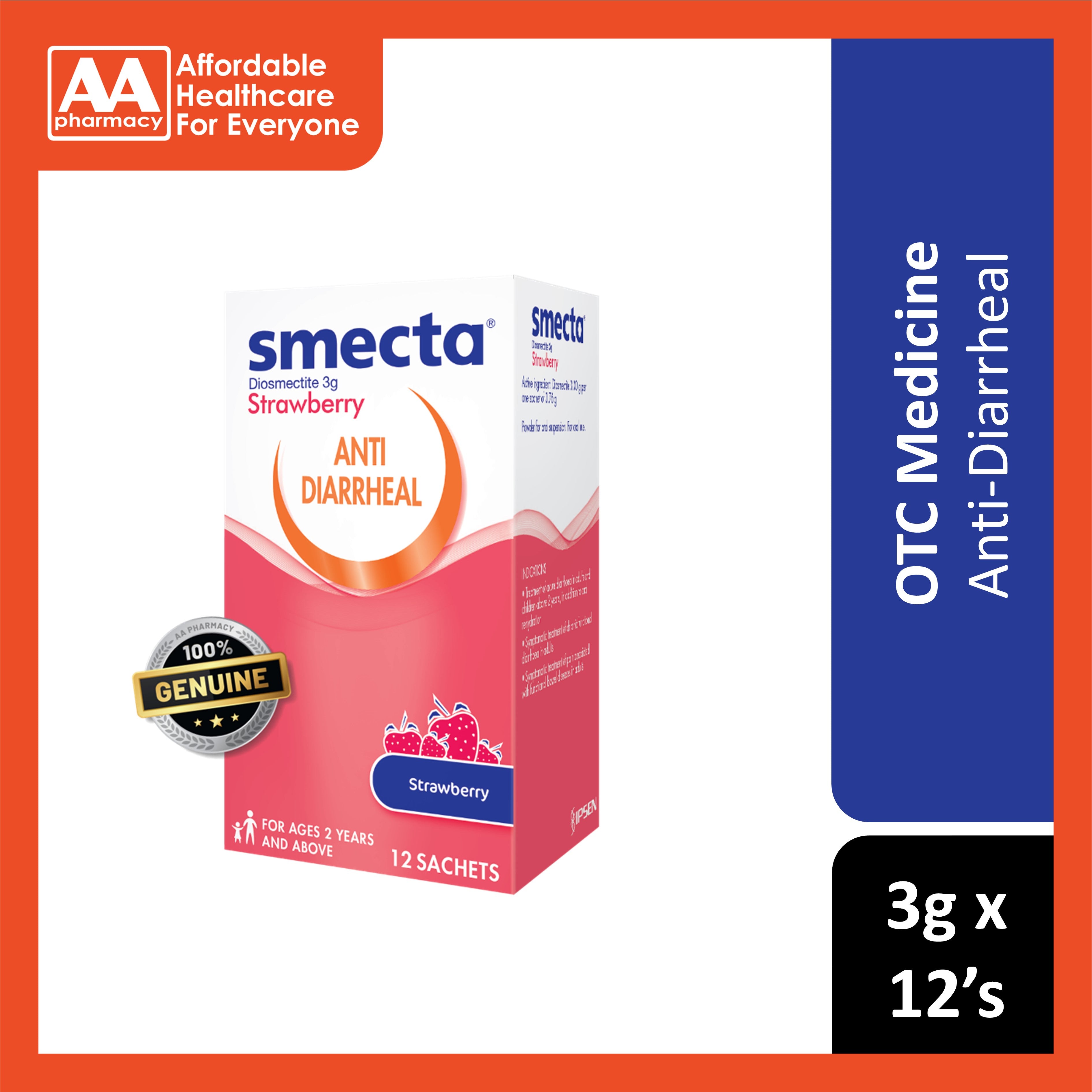 Smecta Anti-Diarrheal Strawberry Powder Sachet 3gx12's