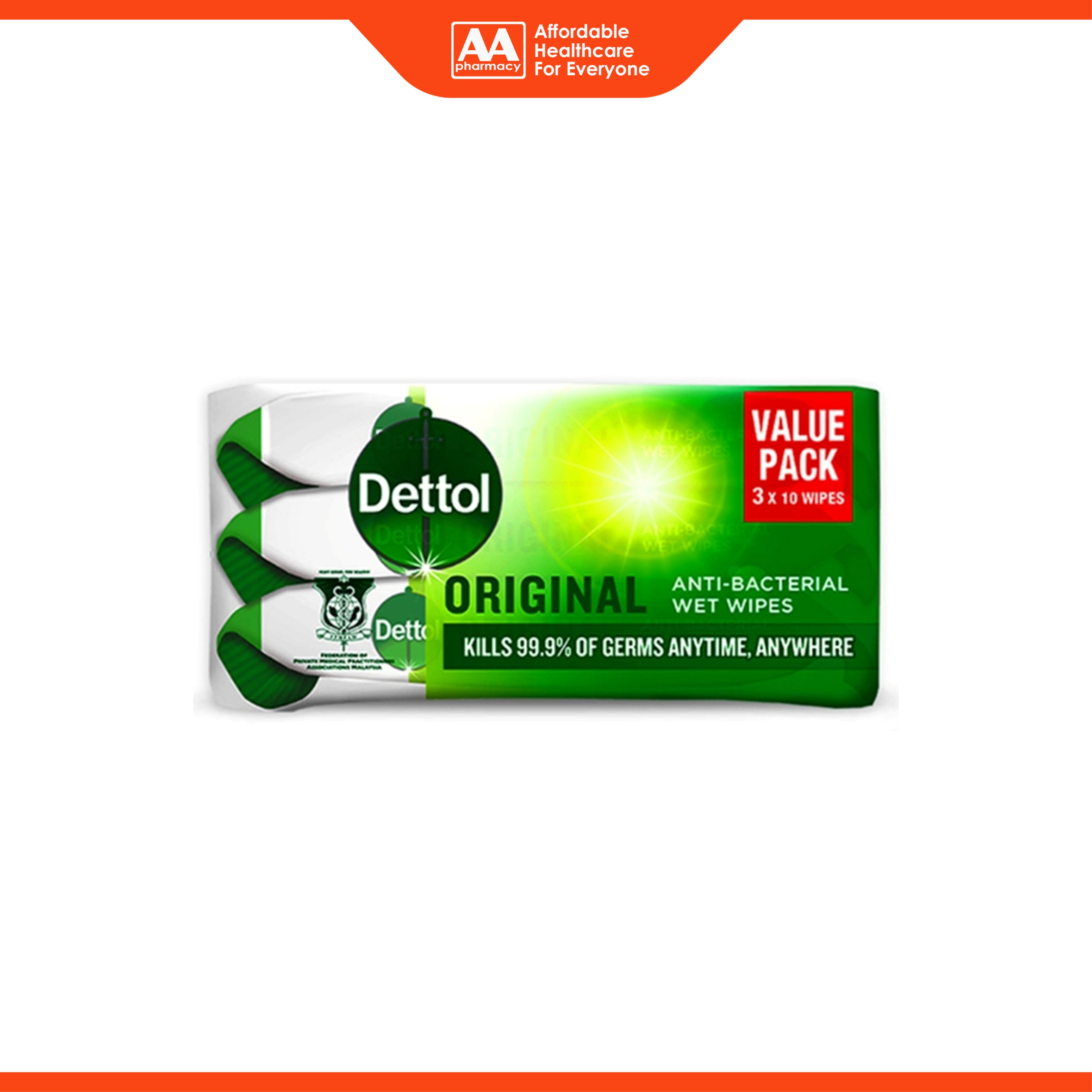 Dettol (Original) Anti-Bacterial Wet Wipes 3x10's [Value Pack]