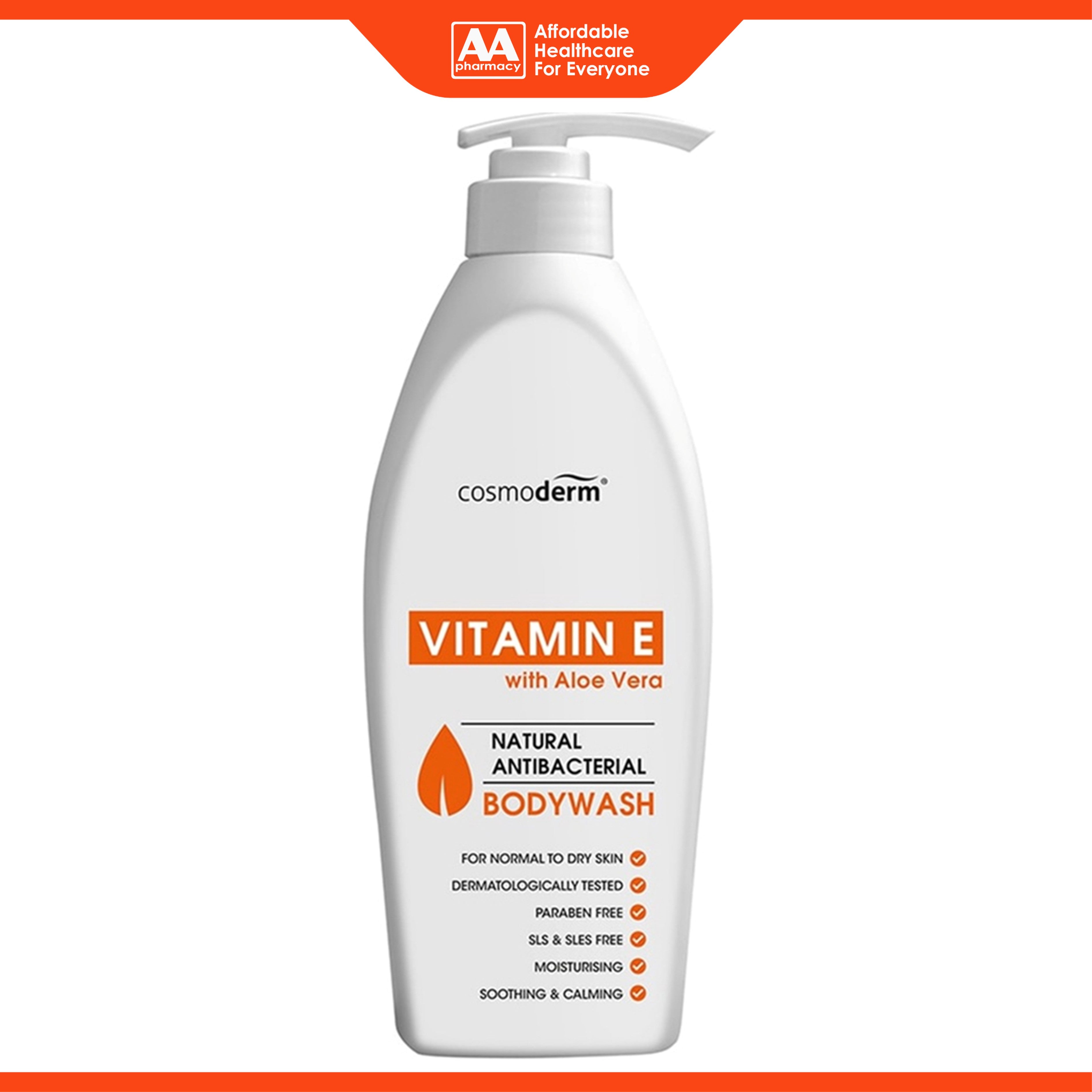 Cosmoderm Natural Antibacterial Body Wash - Vitamin E with Aloe Vera (500ml)